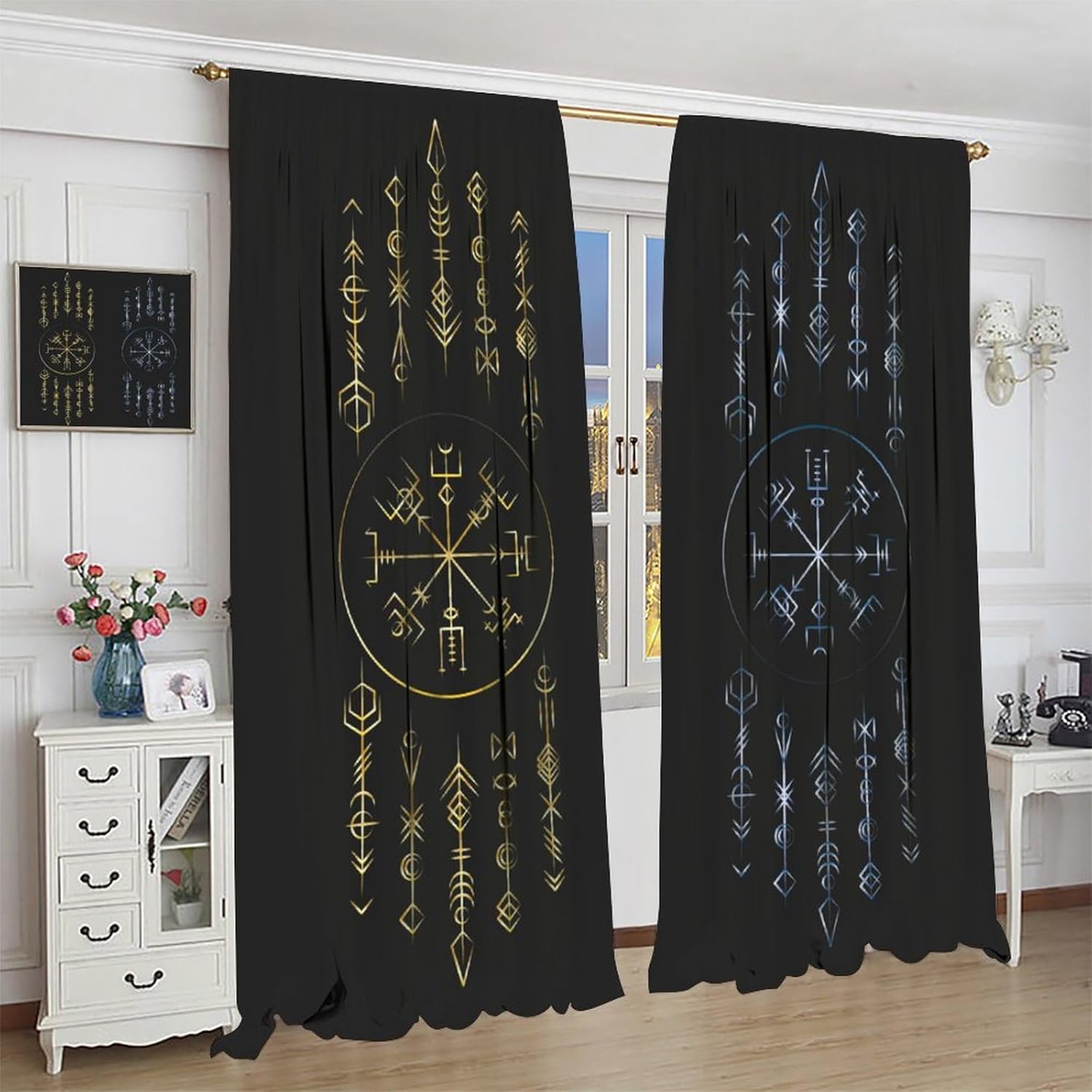 Viking Curtains, Golden Blue Gradient Colors Ancient Magic Runic Symbols Blackout Window Treatments, Rod Pocket Thermal Insulated Drapes 2 Panel Sets for Bedroom Living Room Kitchen, 42"W X 45"L
