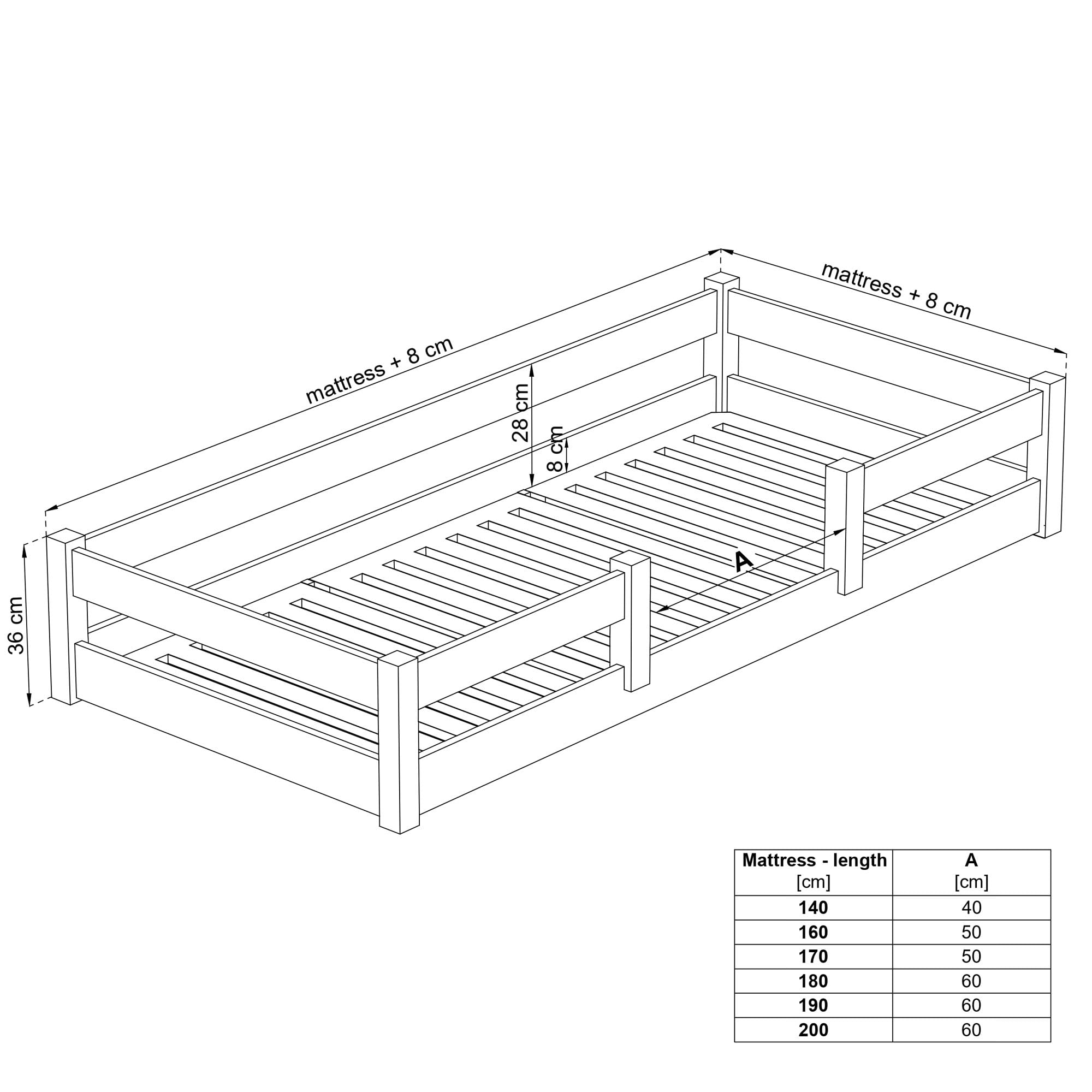 N01 Letto montessoriano 120x190 in legno massello, Lettini a pavimento, Basso per bambini con barriera di protezione, Rete a doghe inclusa, Fatto a mano, Angoli arrotondati, Quercia sbiancata
