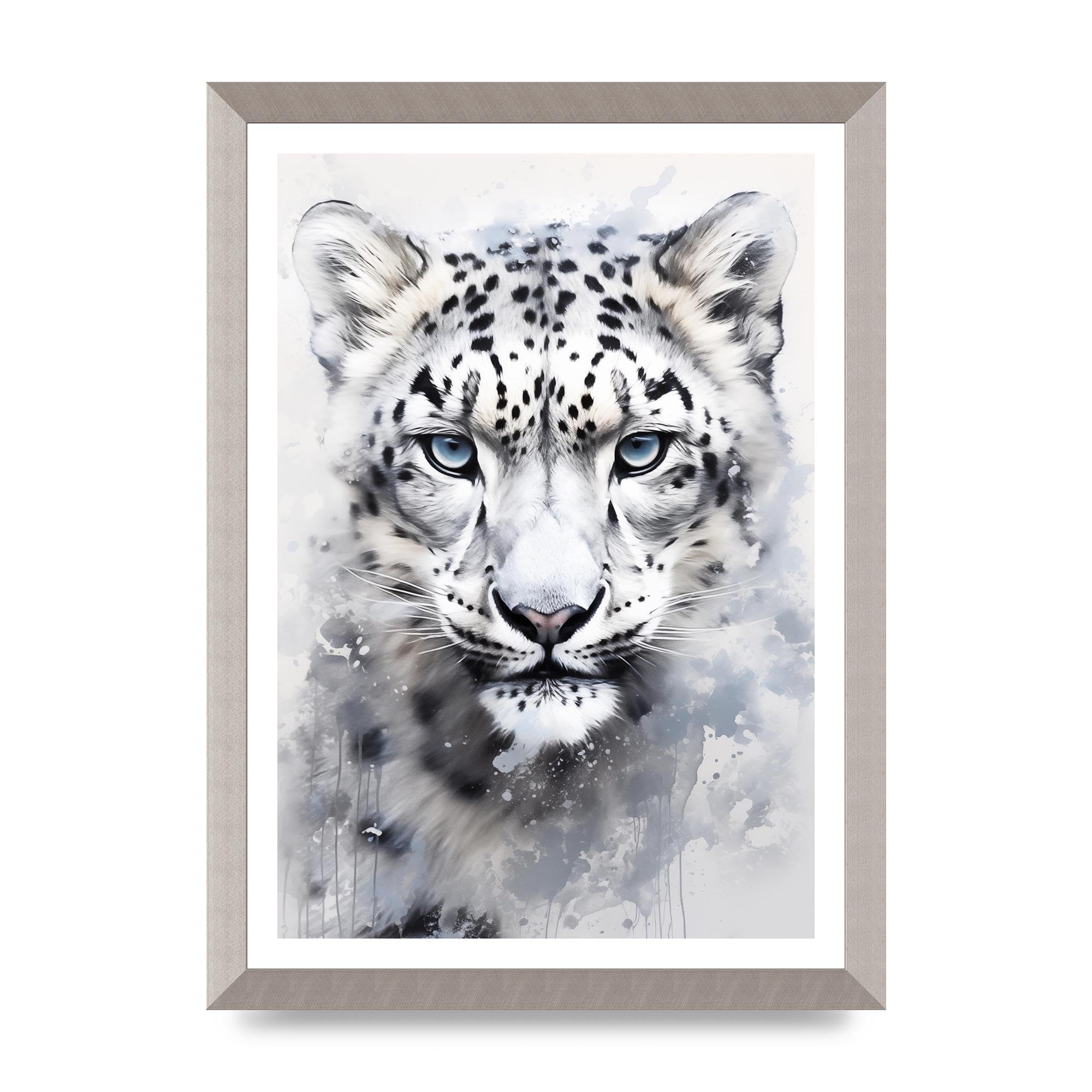 Lithobee - Snow Leopard Illustration with Frosty Blue Back Home Wall Art Prints - A3 Silver Abraded Frame