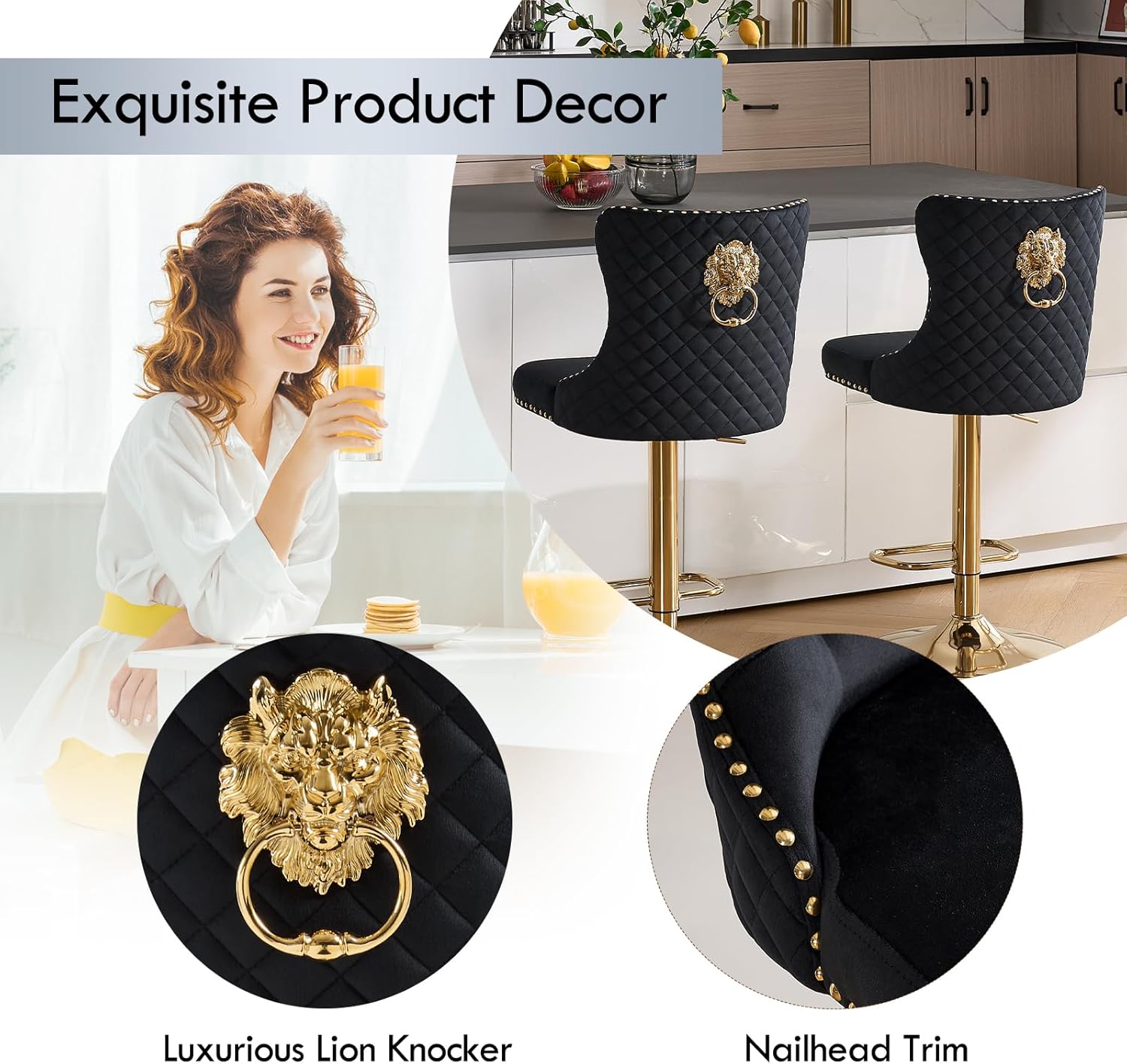 Gold Barstools Set of 6,Velvet Bar Height Stools with Lion Pull Ring,Upholstered Swivel Counter Height Stools with High Tufted Back,Modern Adjustable Bar Chairs for Kitchen Island/Cafe, Black