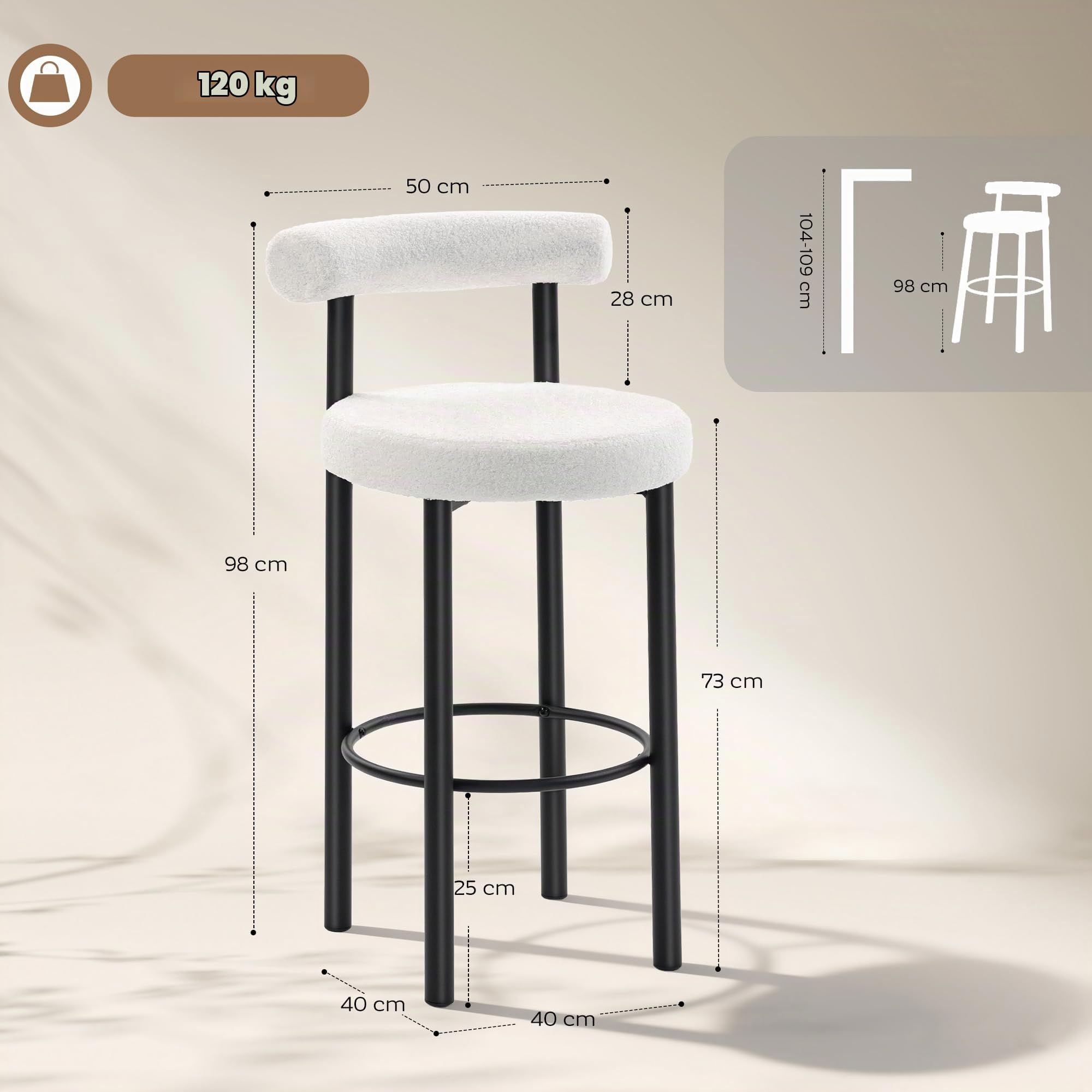 HOMCOM Lot de 2 Tabourets de Bar Tissu Bouclette 50 x 52,5 x 98 cm Blanc