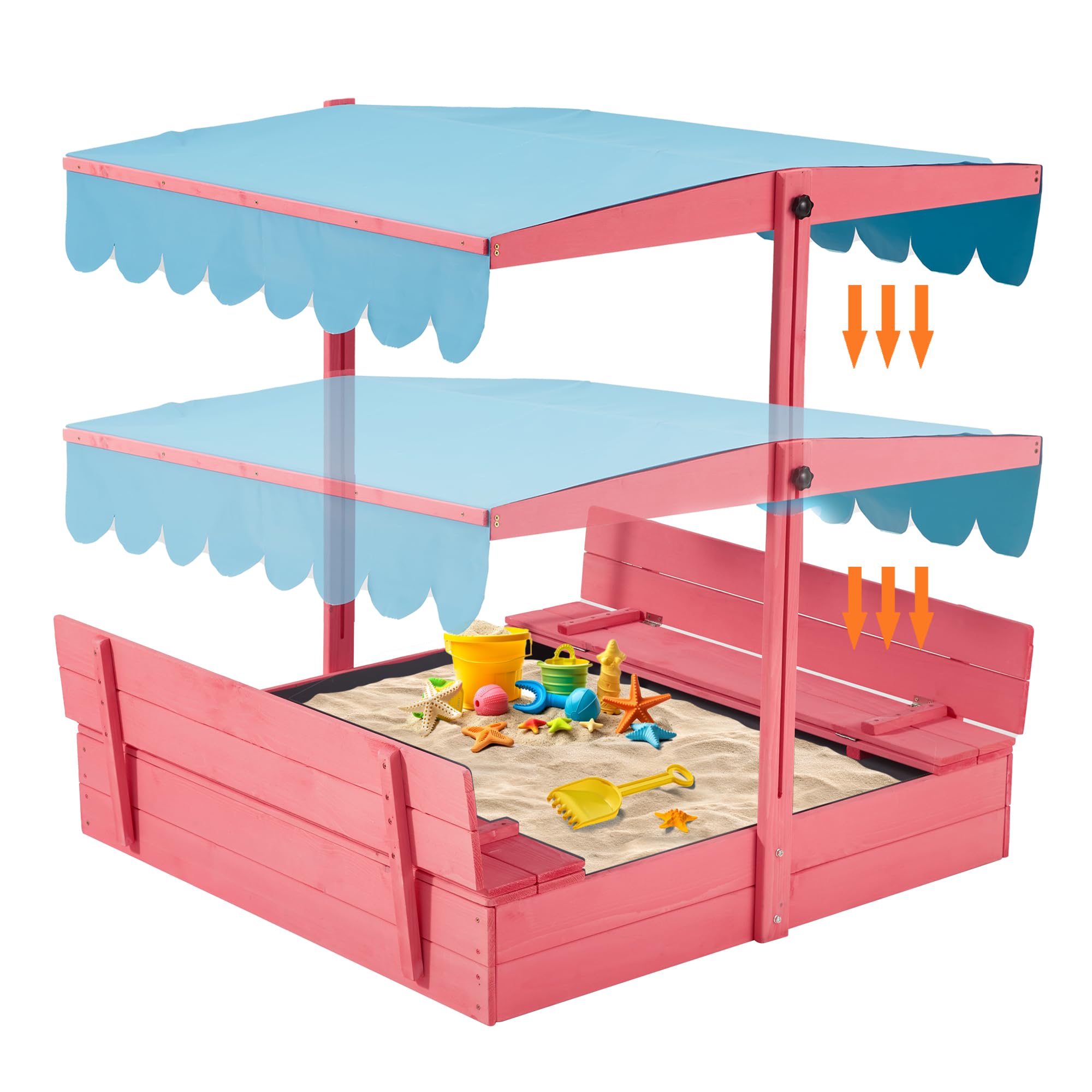 YOLENY Sandbox with Lid,Kids Sandbox with Cover Outdoor,Wooden Sand Box with 2 Foldable Bench Seats for Ages 2-8, Adjustable UV-Resistant Roof &