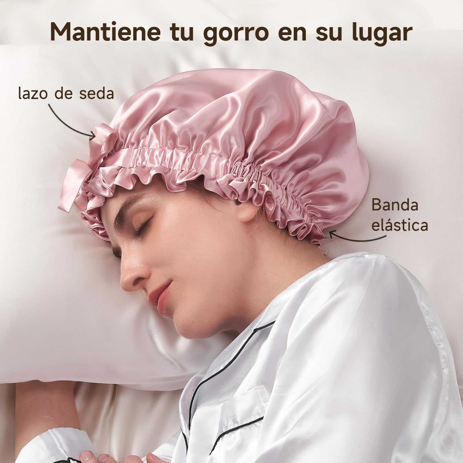 Umisleep Gorro de Seda de Morera de 22 mommes, 100% Seda de Morera, con Volantes, Doble Cara, Suave y Transpirable, Banda Ancha Ajustable para Cabello Rizado