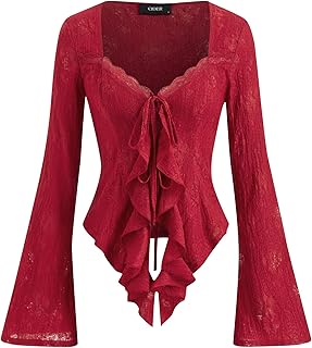 CIDER Womens Going Out Tops Lace Bell Long Sleeve Square Neck Ruffle Tie Front Tops Price In India