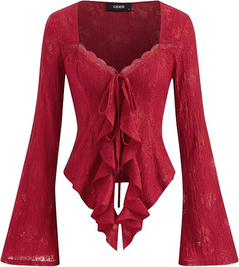 CIDER Womens Going Out Tops Lace Bell Long Sleeve Square Neck Ruffle Tie Front Tops