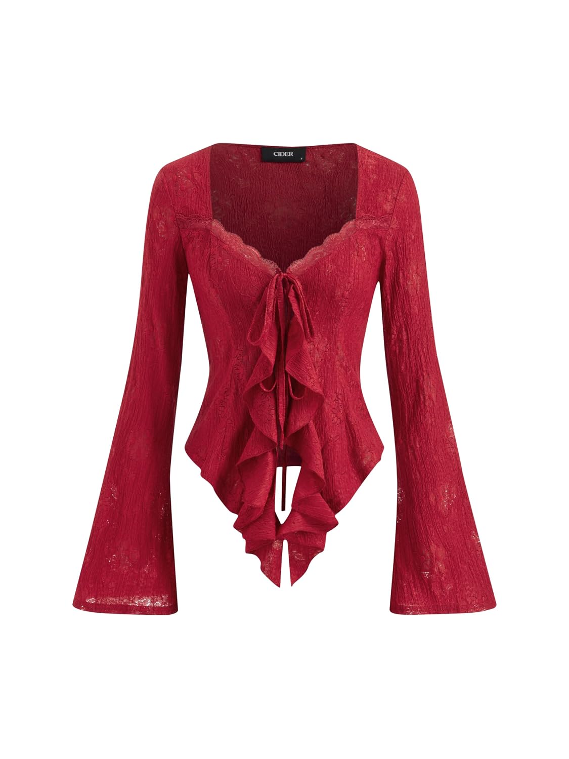 CIDER Womens Going Out Tops Lace Bell Long Sleeve Square Neck Ruffle Tie Front Tops