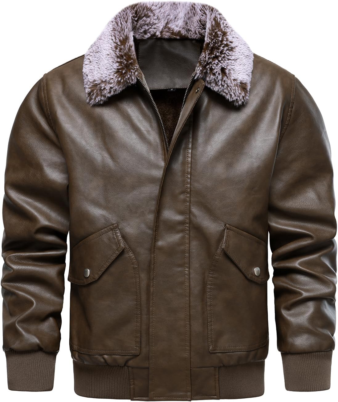 HOOD CREW Mens Faux Leather Flight Bomber Jacket with Fur Collar Winter Warm Fleece Lined Jackets