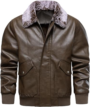 HOOD CREW Mens Faux Leather Flight Bomber Jacket with Fur Collar Winter Warm Fleece Lined Jackets