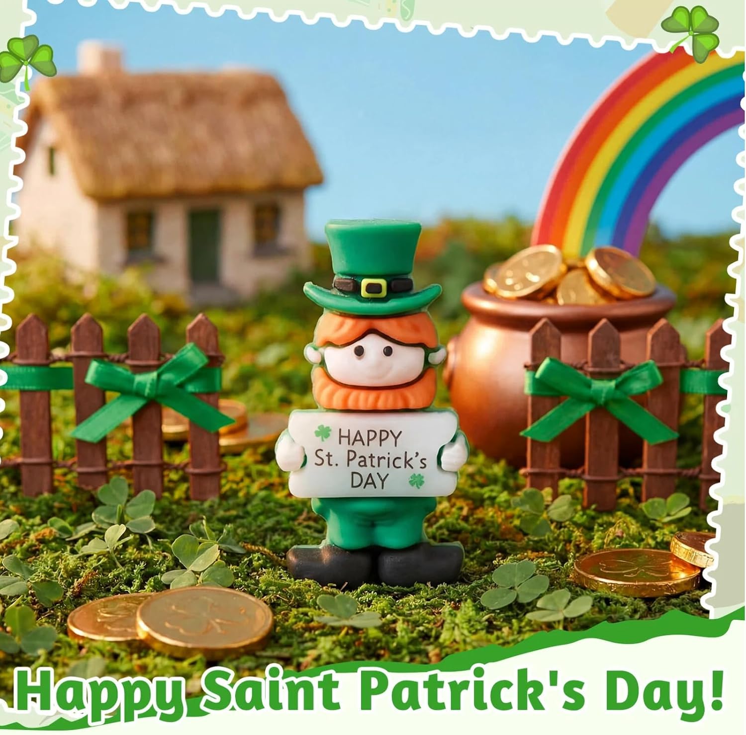 Roowest 1 Pcs Mini Leprechaun Figurines Bulk St Patricks Day Gift Leprechaun Trap Decorations to Hide with Lucky Hunt Card St Patricks Day Party Favors for School Classroom Exchange Prize (Stand) image 4