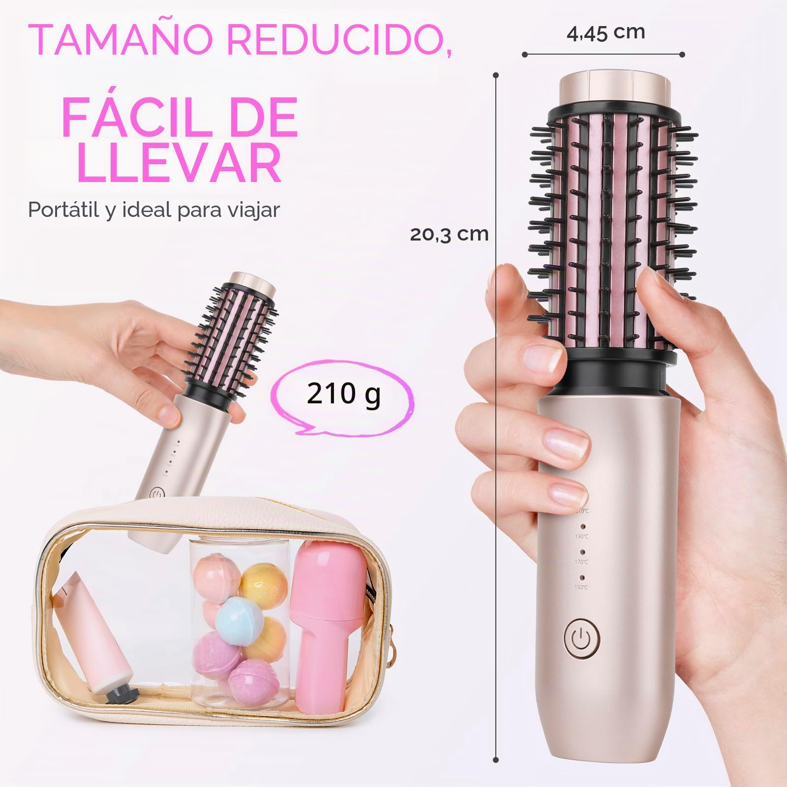 2024 Cepillo Rizador Inalámbrico Mini de Viaje Portátil para Mujeres 7000mAh Recargable USB Con Iones Negativos, Rosa
