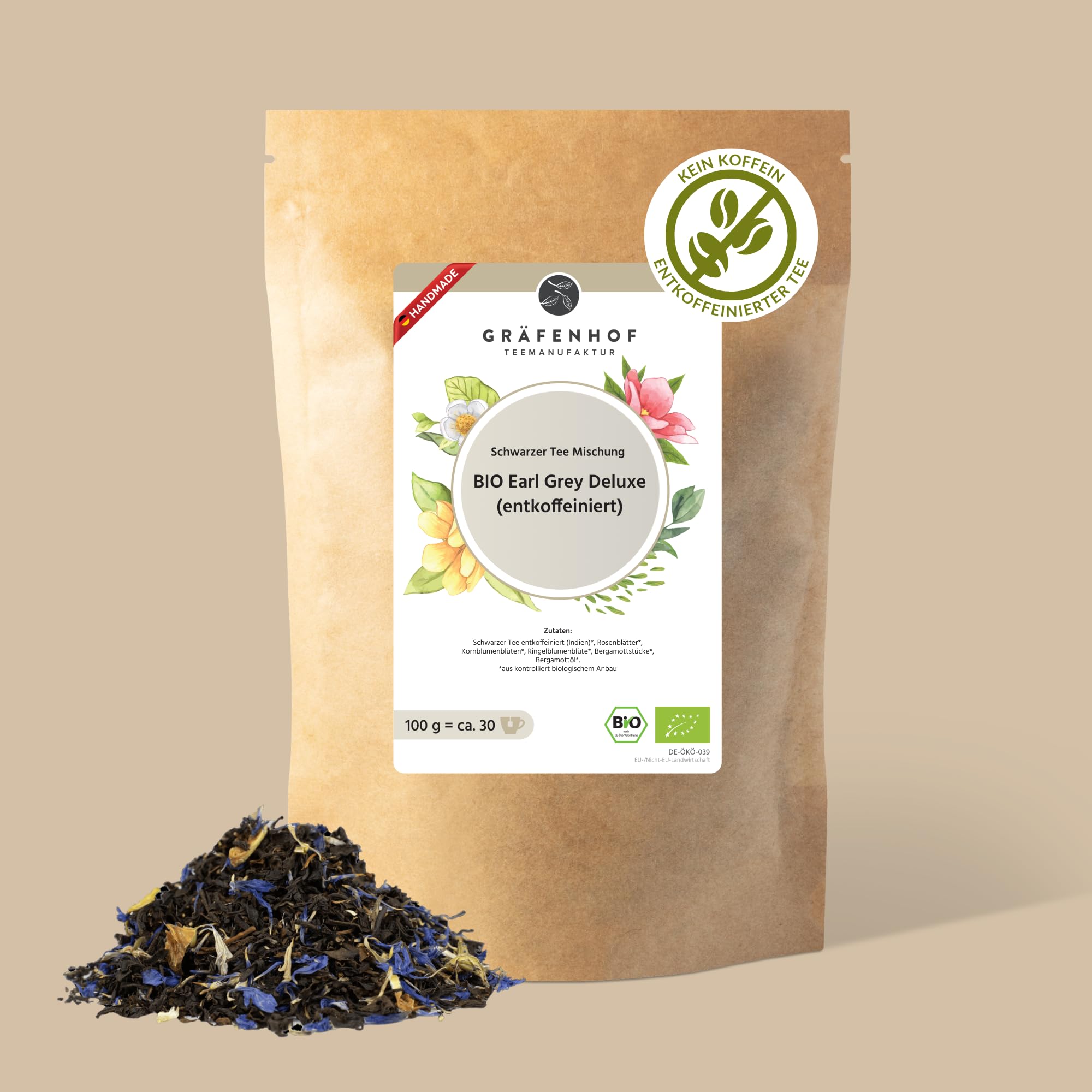 Gräfenhof Earl Grey Deluxe Bio, 250g loser Tee, mit Bergamotte, schonend entkoffeiniert, voller Earl Grey Geschmack, entkoffeiniert, Premium Qualität, in DE abgefüllt