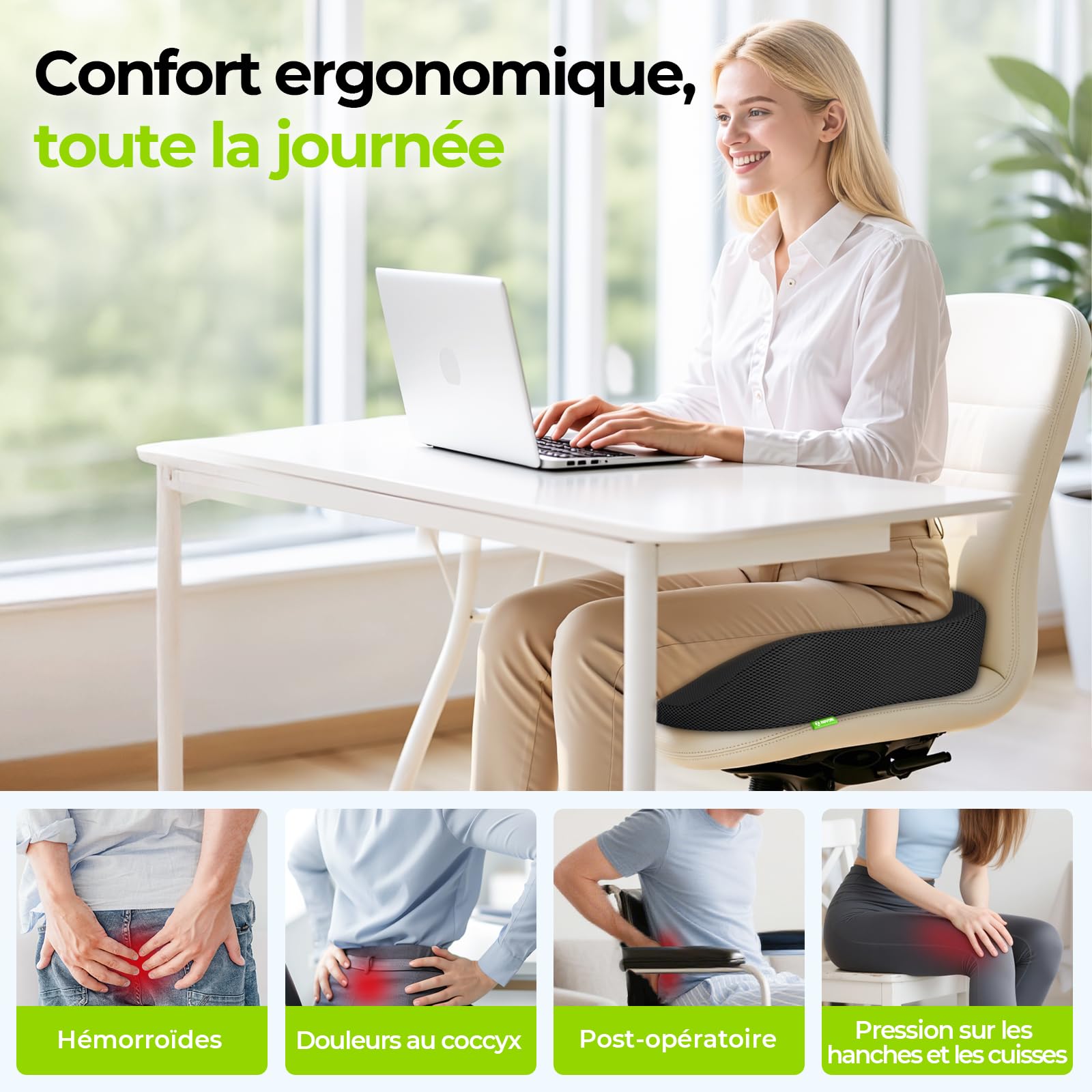 AUVON Coussin Coccyx Ergonomique en Forme Donut, Coussin Hemorrhoid pour Soulager la Douleur des Hémorroïdes et du Coccyx, Mousse à Mémoire de Forme Épaisse avec Soutien Ferme pour Sciatique, Escarres