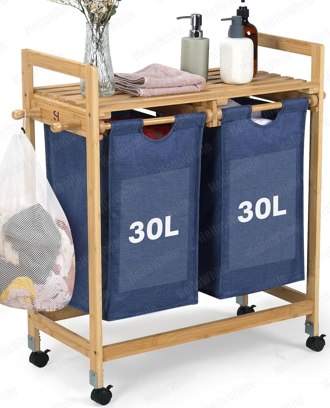 Heavy Duty Solid Wooden Hamper with Shelf | Basket with Wheels for Laundry Days - Removable Dual Hampers for with Double Compartments SUSTAINABLE HABITAT