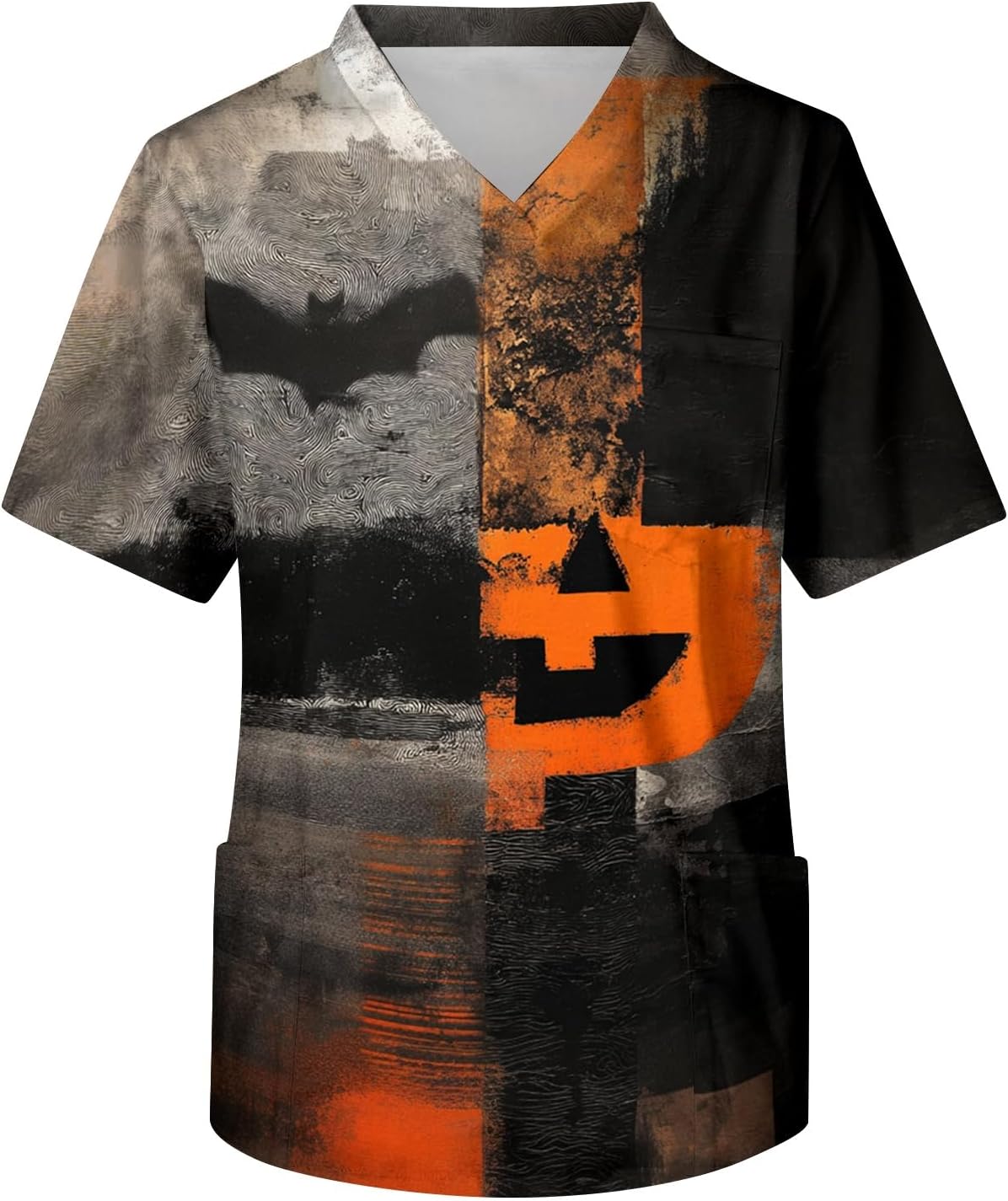 Men's Halloween Scrub Top Funny Ghost Pumpkin Print V Neck Medical Uniforms