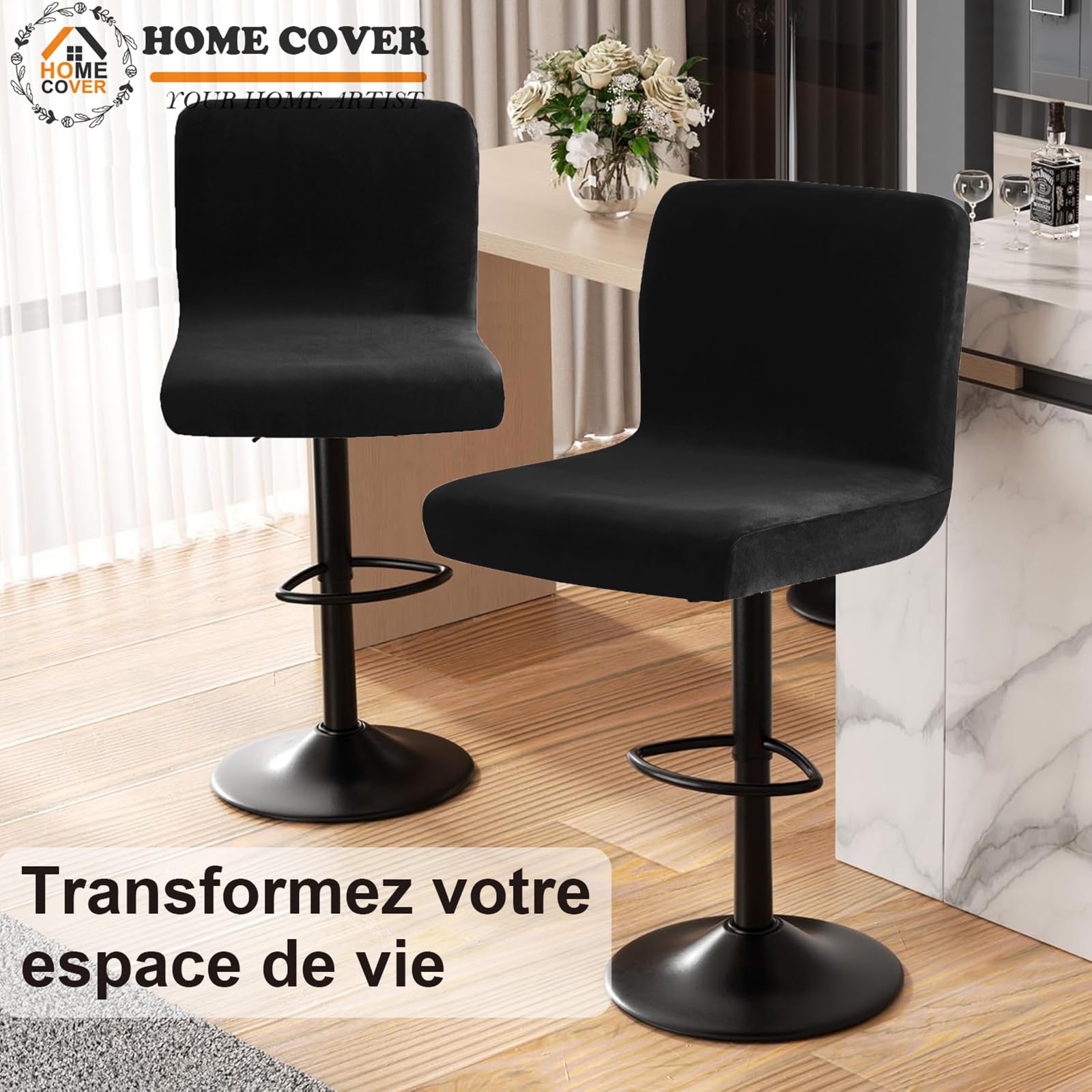 Housses De Chaise De Bar avec Dossier, Élastique Velours Tissu Housses De Tabouret De Pub Amovible Courte Arrière Pivotant Couverture De Chaise-Le Noir-4 Pièces