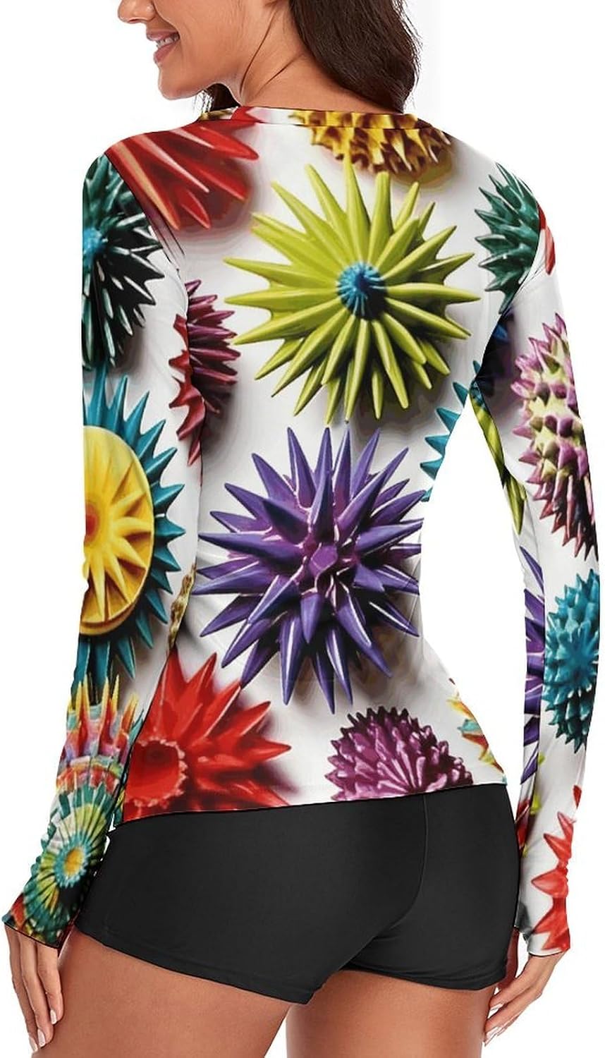 Colorful Sea Urchin Rash Guard for Women UPF 50+ UV Sun Protection | Long Sleeve Workout Top Quick Dry Athletic Hiking Shirt Moisture Wicking Swim Shirt for Running, Cycling, Swimming