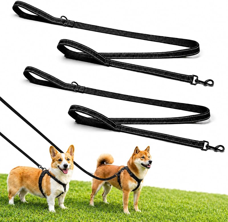 2 Pack Dual Handle Dog Leash, 6ft x 1in Heavy Duty Reflective Nylon Leash with Padded Grip, Traffic Handle, D-Ring, Tangle-Free Dog Lead for Small, Medium & Large Dogs, Safe Night Walks (Black+Black)