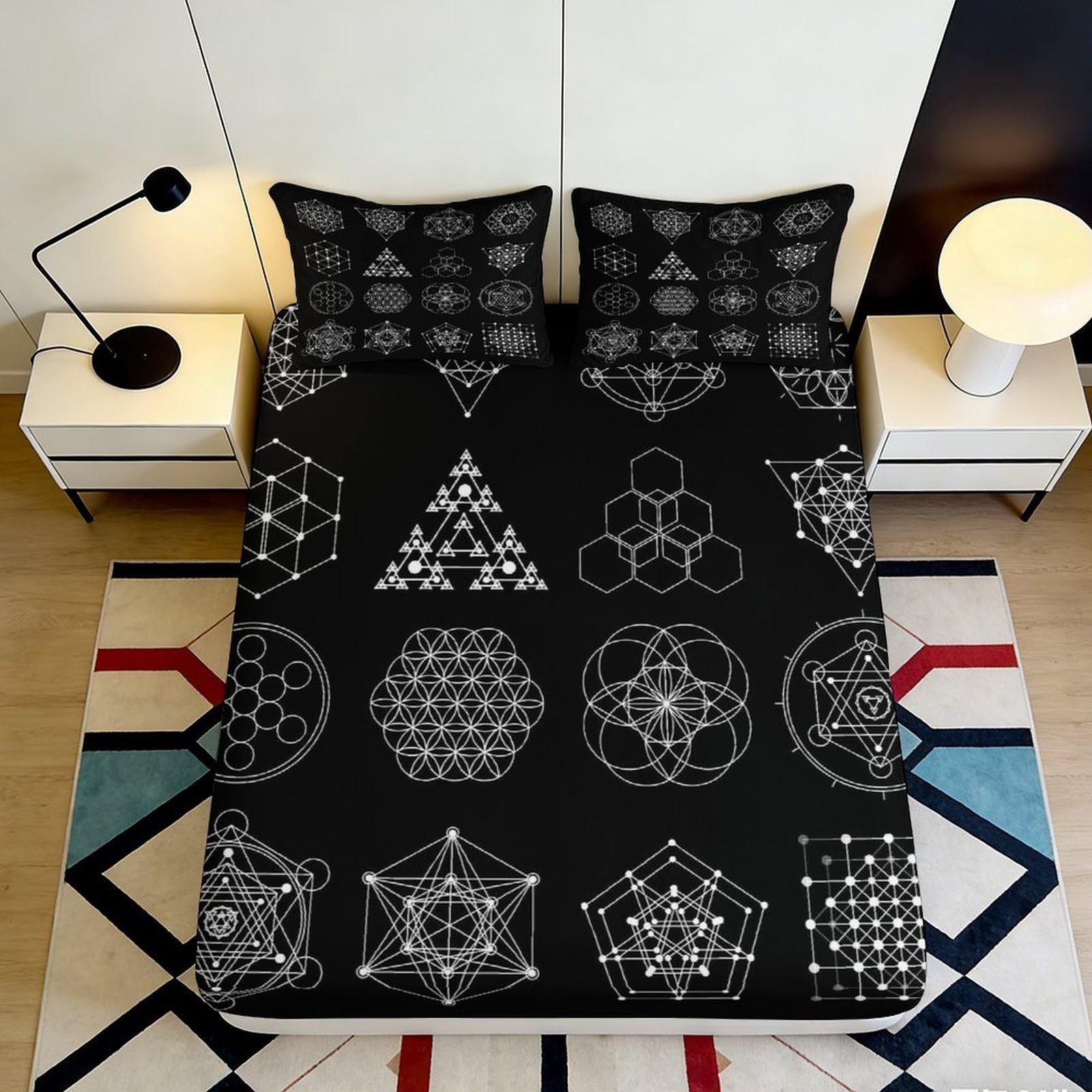 3D Printed Sacred Geometry Fitted Sheet Microfiber Soft Black Mandala Mattress Cover for Bedroom Dorm Decor 90x200x25cm