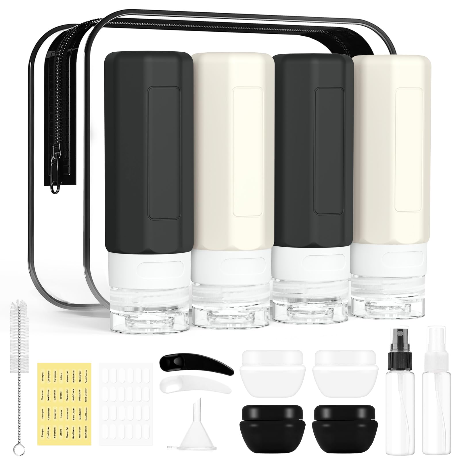 Redfly 17Pack Travel Containers for Toiletries, TSA Approved Silicone Travel Shampoo and Conditioner Bottles, Leak Proof Refillable Traveling Essentials for Women &amp; Men - BlackWhite