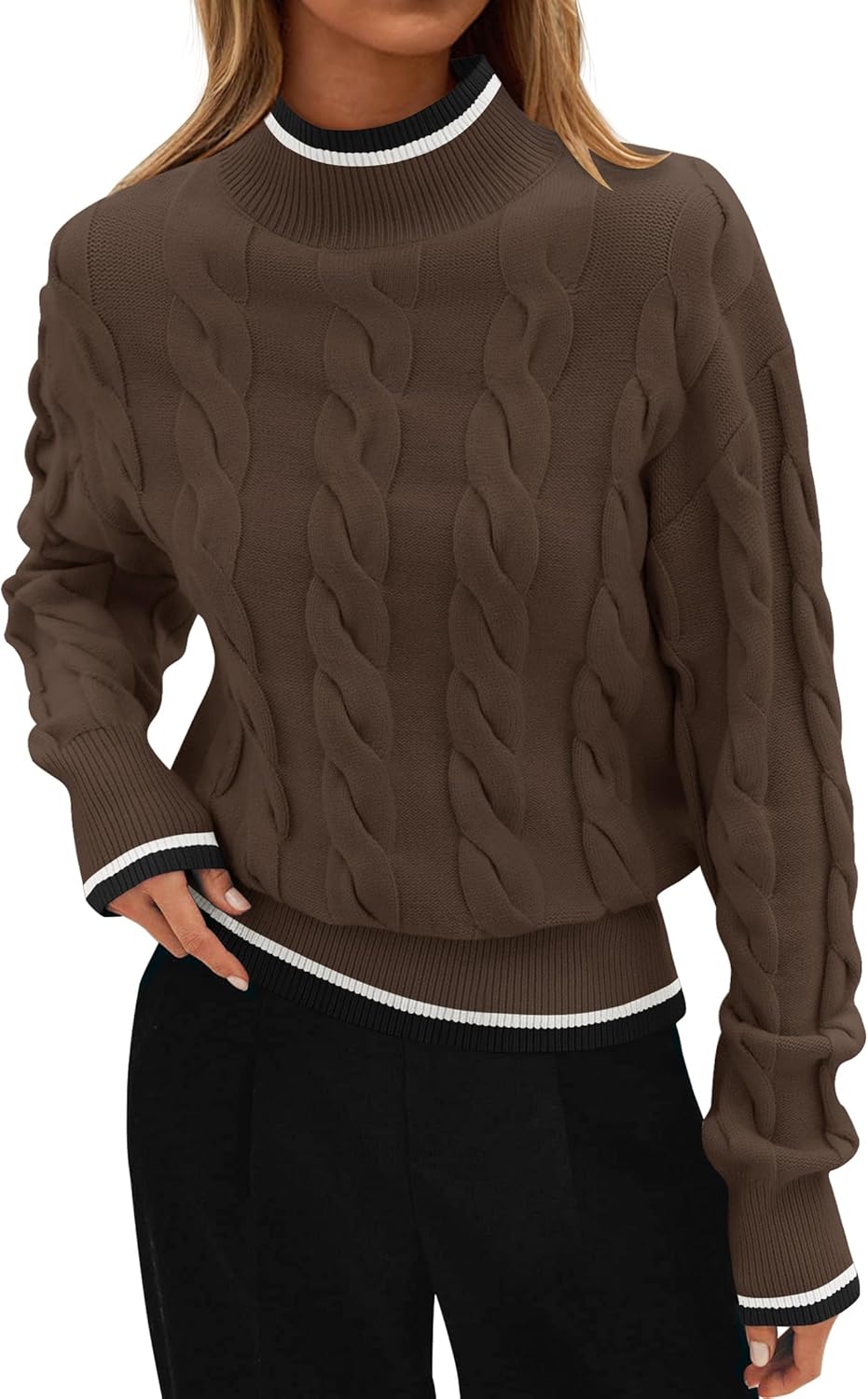 ZESICA Women's Casual Long Sleeve Mock Neck Cable Knit Contrast Color Fall 2026 Winter Chunky Pullover Sweater