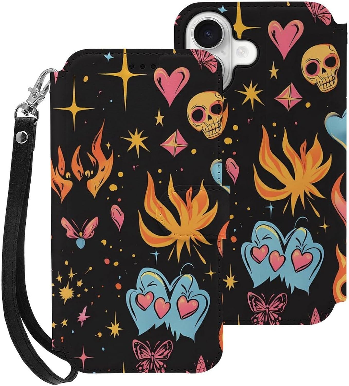 Y2k Skull Flame Butterflies Hearts Compatible with iPhone 16/16 Plus/16 Pro/16 Pro Max/16 E Case Phone Wallet Card Holder Flip Cover with Wrist Strap