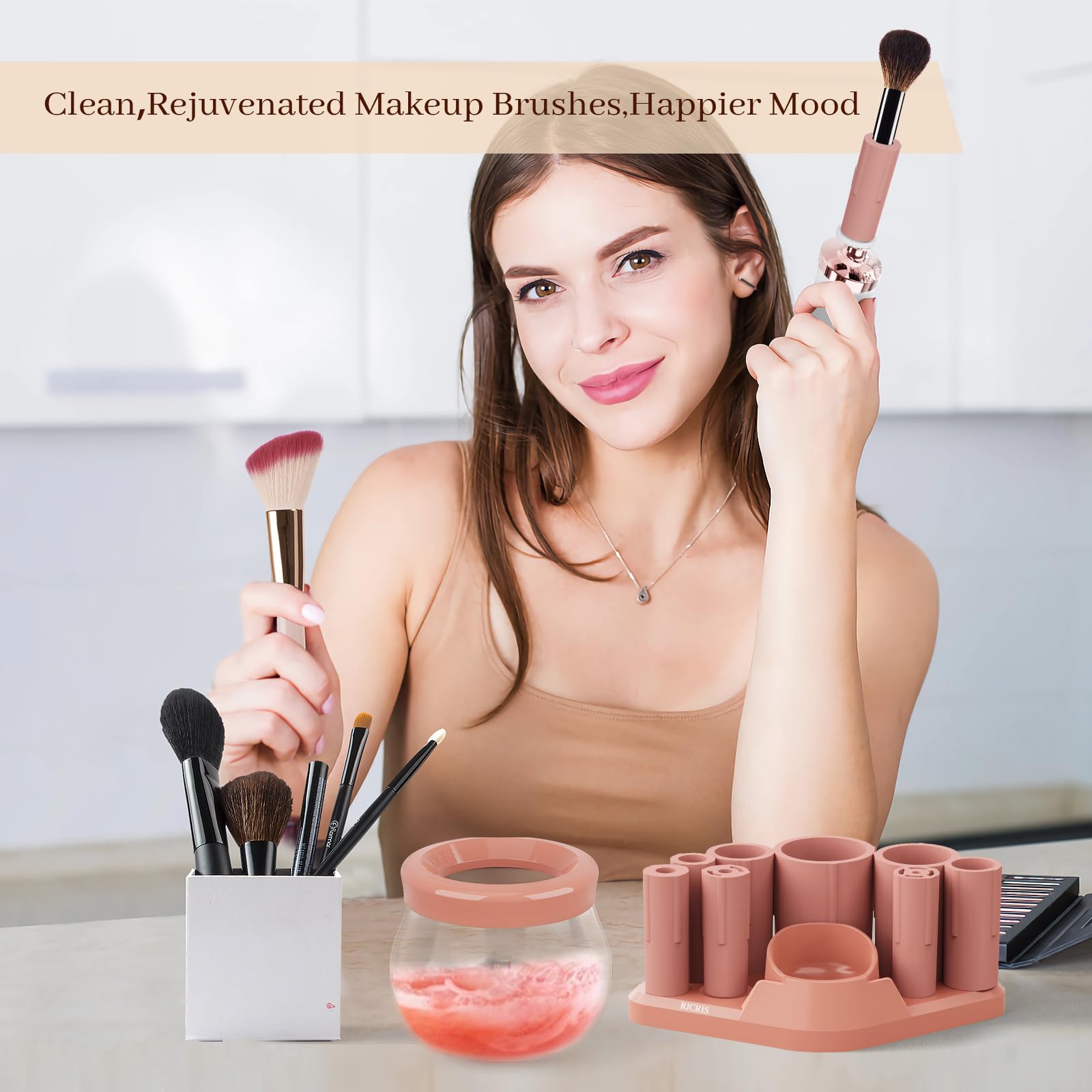 RICRIS Nettoyeur de pinceaux de maquillage électrique USB ultra rapide - Laveuse et séchoir à pinceaux de maquillage - Outil de nettoyage automatique des pinceaux cosmétiques - Nettoie et sèche en