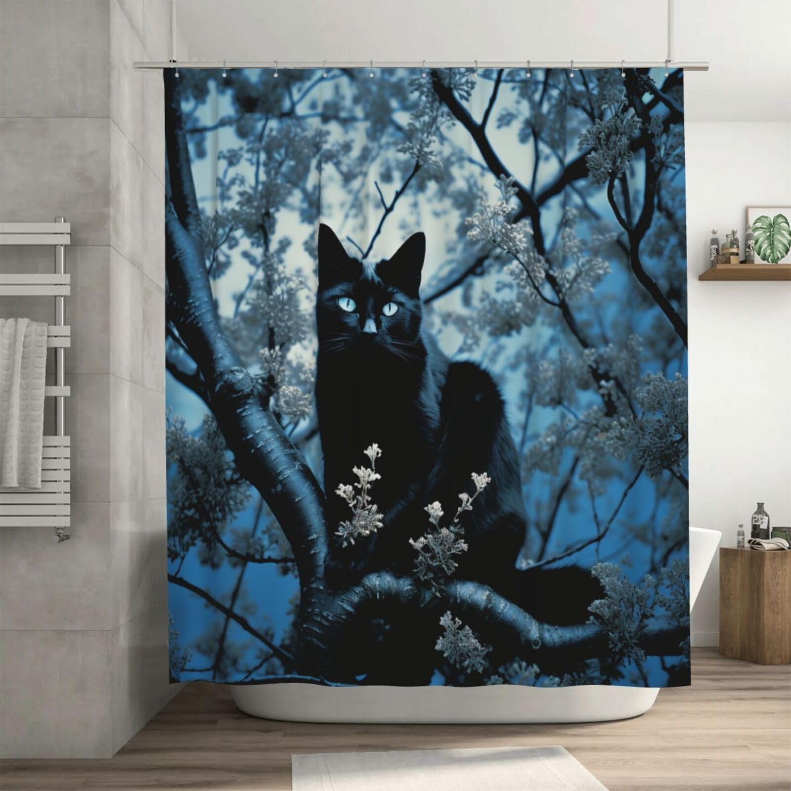 Rideau de douche imperméable chat noir 182x182 cm avec 12 crochets pour salle de bain