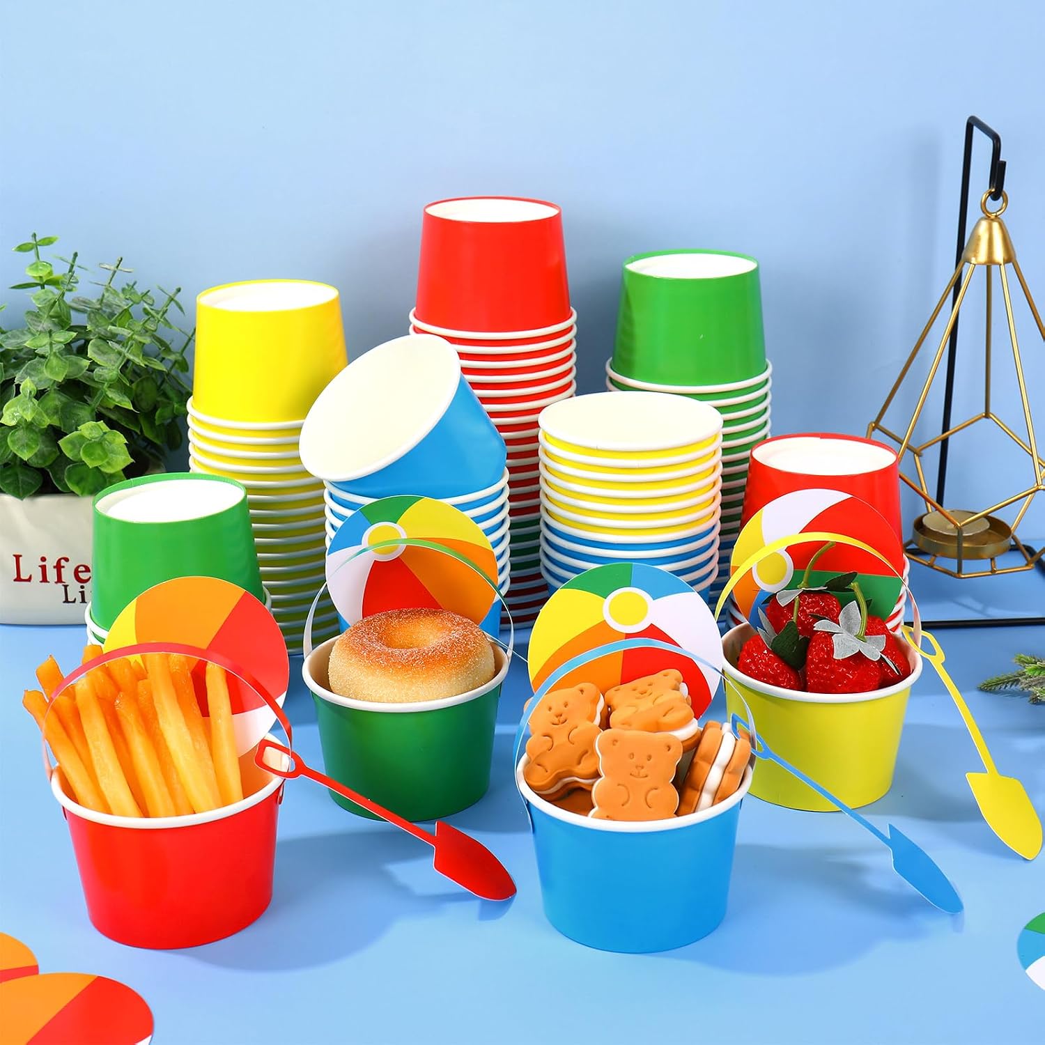 JarThenaAMCS 100Pcs Mini Beach Bucket Treat Cups with Handle and Shovel 8oz Disposable Bowls 4 Color Summer Ice Cream Snack Paper Bowl for Pool Party Food Supplies