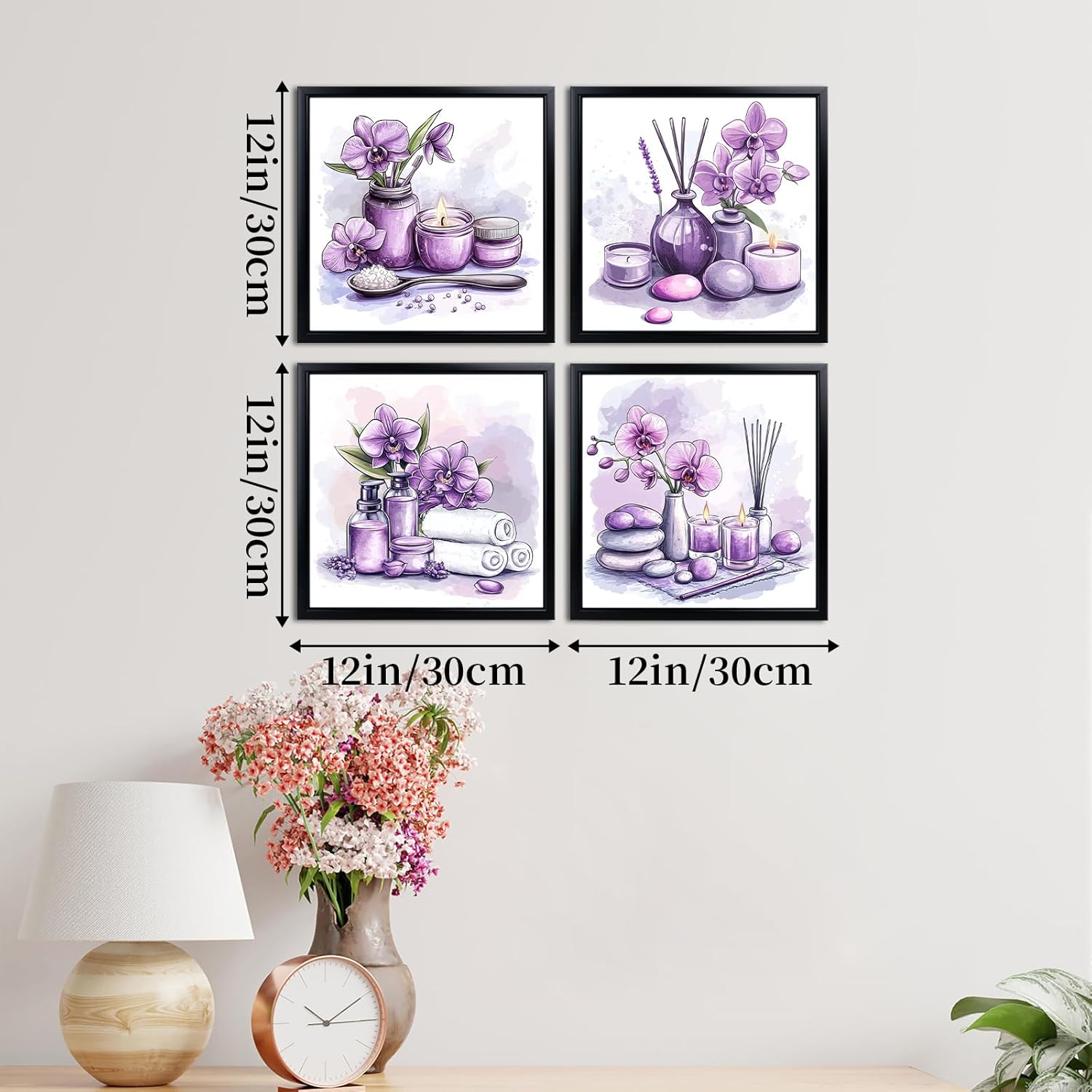 LyerArtork 4 Pieces Purple Spa Wall Art Bathroom Decor Canvas Prints Aromatherapy Candle Towel Zen Stone Orchid Flower Still Life Paintings Artwork for Meditation Room Black Framed 12x12inchx4