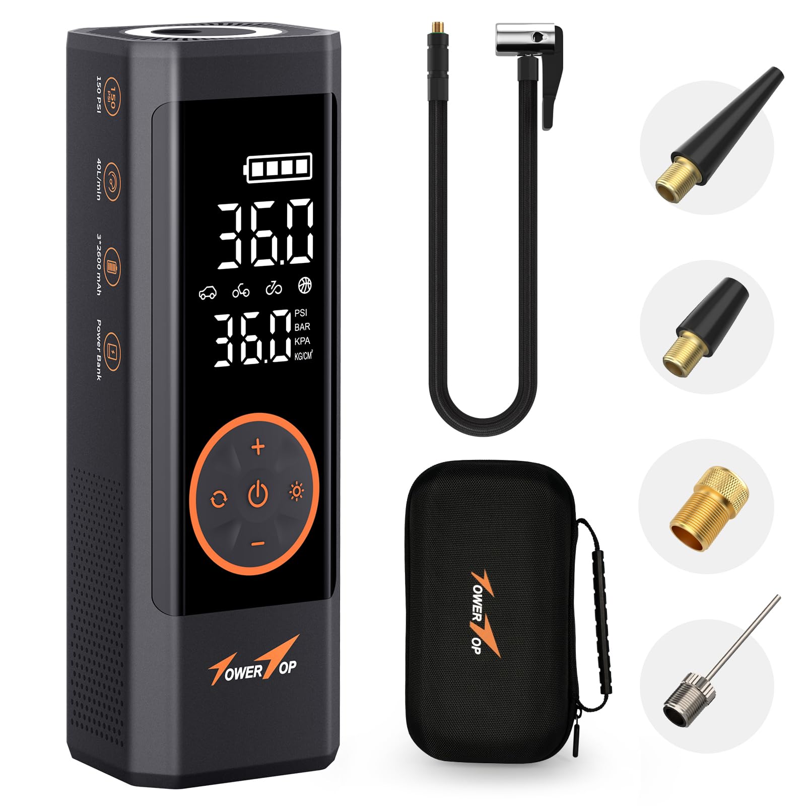 TowerTop Reifenfüller Luftkompressor: 2,5 x schnelleres Aufpumpen, 150 PSI schnurlose Fahrradpumpe mit 7800 mAh wiederaufladbarem Akku, Autoreifenpumpe für Auto, Fahrrad, Motorrad, Ball, Pickup und