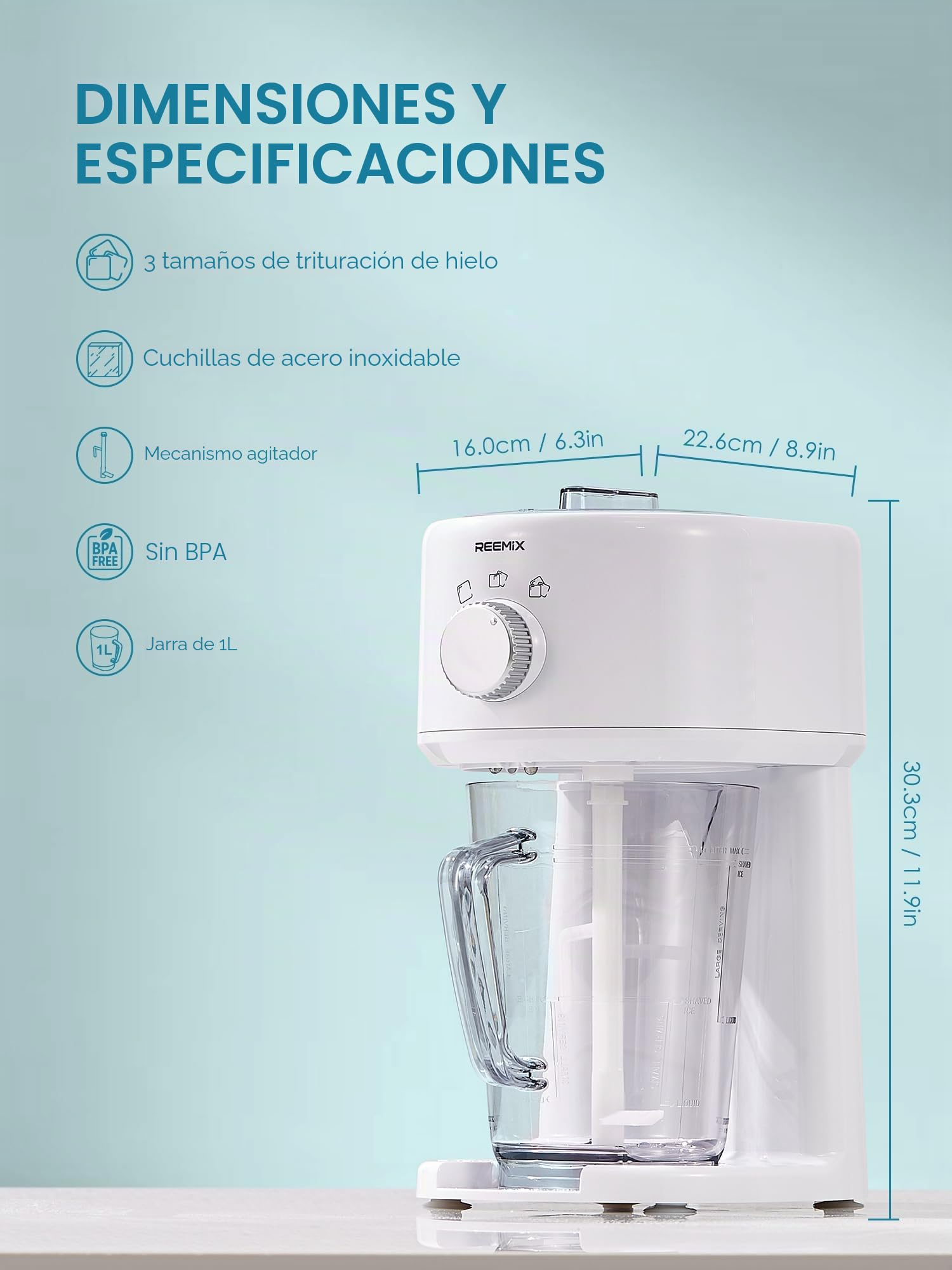 Reemix Máquina de hielo afeitado, máquina de afeitar eléctrica de hielo y máquina de conos de nieve con almacenamiento de gran capacidad, trituradora de hielo portátil de grosor que se puede ajustar,