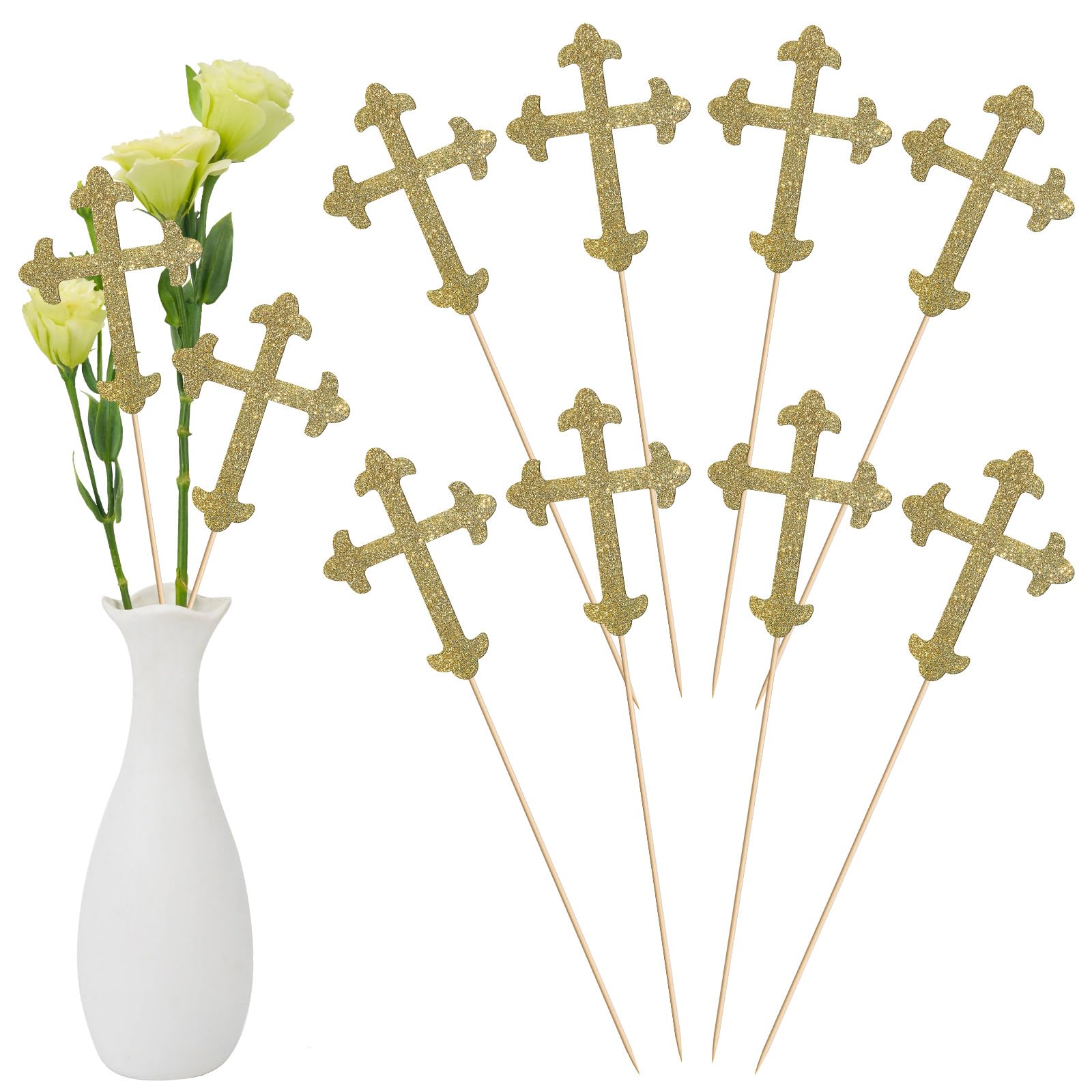 Menkxi 30 Pcs Baptism Gold Glitter Cross Centerpiece Sticks 10" Double Side Cross Baby Shower Cake Toppers Centerpieces for Tables Wedding Birthday