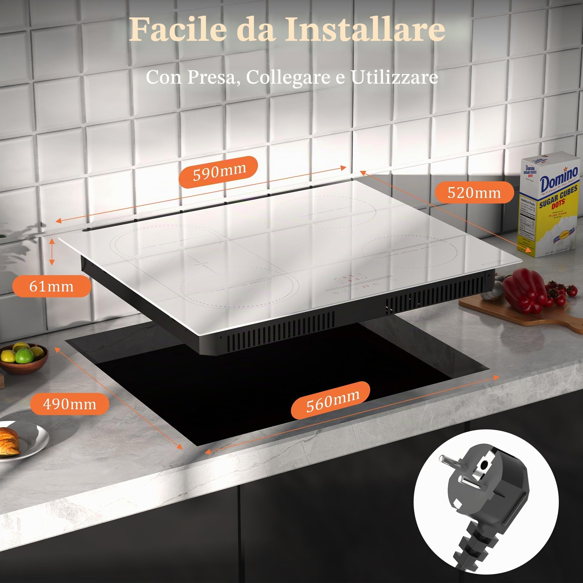NOXTON Piastra a induzione bianca, 4 fuochi, 60 cm, zona flessibile | Funzione Boost, comandi scorrevoli, funzione di isolamento termico, cronometro, 60 cm, 3500 W, con spina