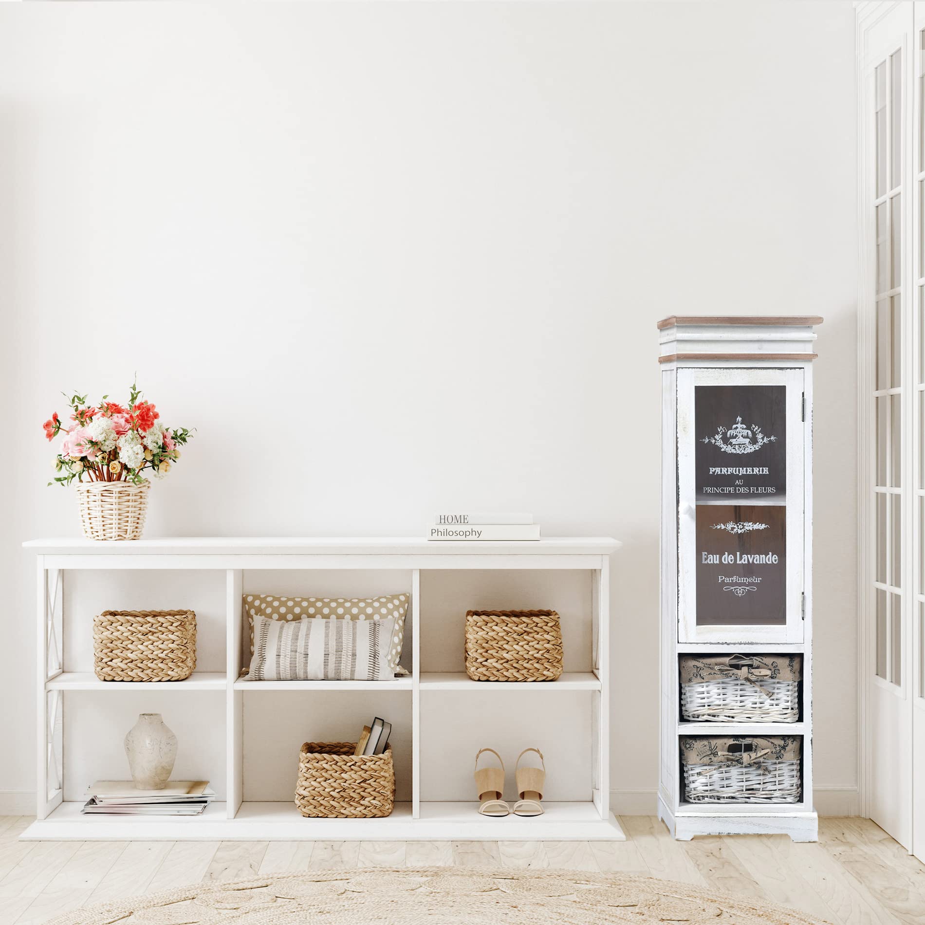 Rebecca Mobili Vetrinetta bianca, armadietto 1 anta 2 cassetti, legno vimini, stile shabby, arredamento casa bagno ingresso - Misure: 102 x 32 x 27 cm (HxLxP) - Art. RE4486
