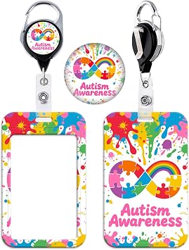 Autism Awareness Retractable Reel with Badge Holder, Colorful Puzzle Infinity Symbol, Durable Metal Clip & Reel, Colorful ID Card Holder for ADHD, School, Office, Nursing