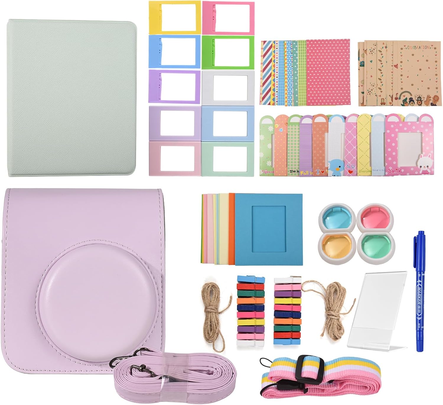 Andoer Instant Camera Accessories Bundle Kit Replacement for Fujifilm instax mini 12 with Camera Bag/Camera Strap/Photo Album/Photo Clips/Photo Frame/Stickers/Pen and More