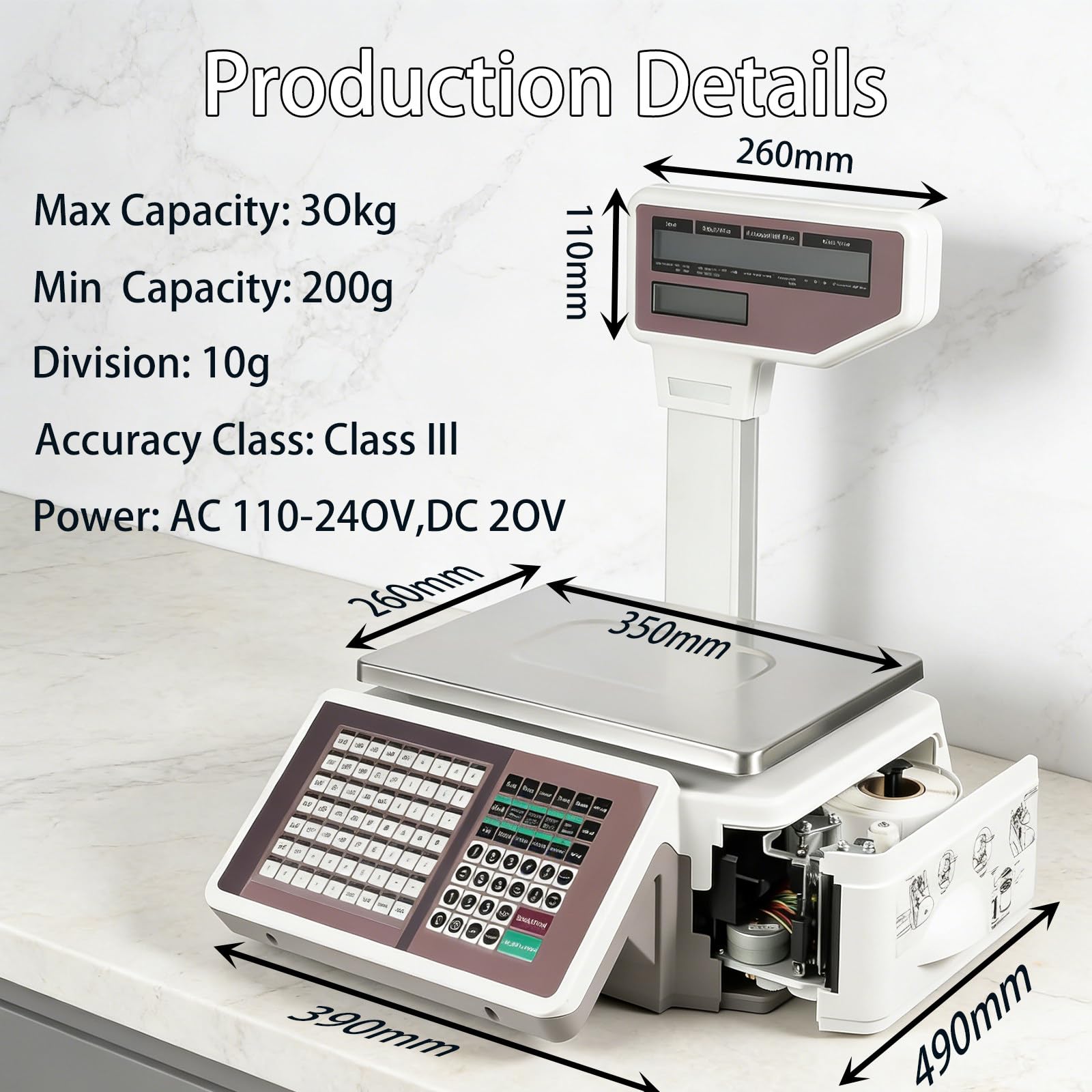 Balance d'impression D'étiquettes, Balance Numérique de Codes à Barres avec imprimante, pour supermarché, Haute précision 10g, capacité 30kg