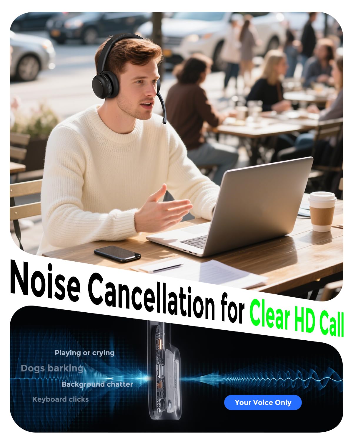 Bluetooth-Headset, Kabelloses Headset mit Mikrofon, Qualcomm Chipset Dongle, V5.4-Headsets mit Mikrofon für die Arbeit, Drahtlose Geräuschunterdrückung mit Busy/Stumm Licht für PC Computer Büro