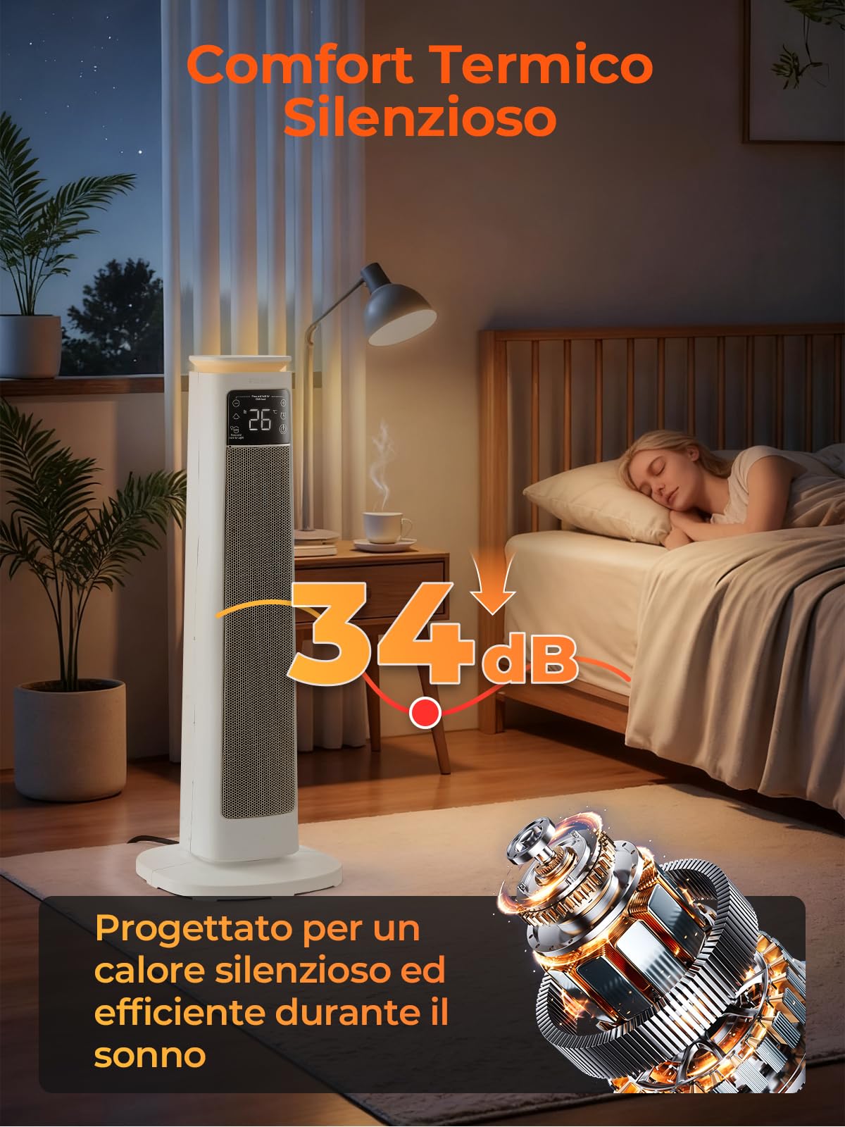 Fohere, termoventilatore a risparmio energetico, 2000 W, silenzioso, per ambienti grandi, camera da letto, soggiorno, ufficio, oscillazione di 70°, telecomando, timer da 12 ore, protezione contro il