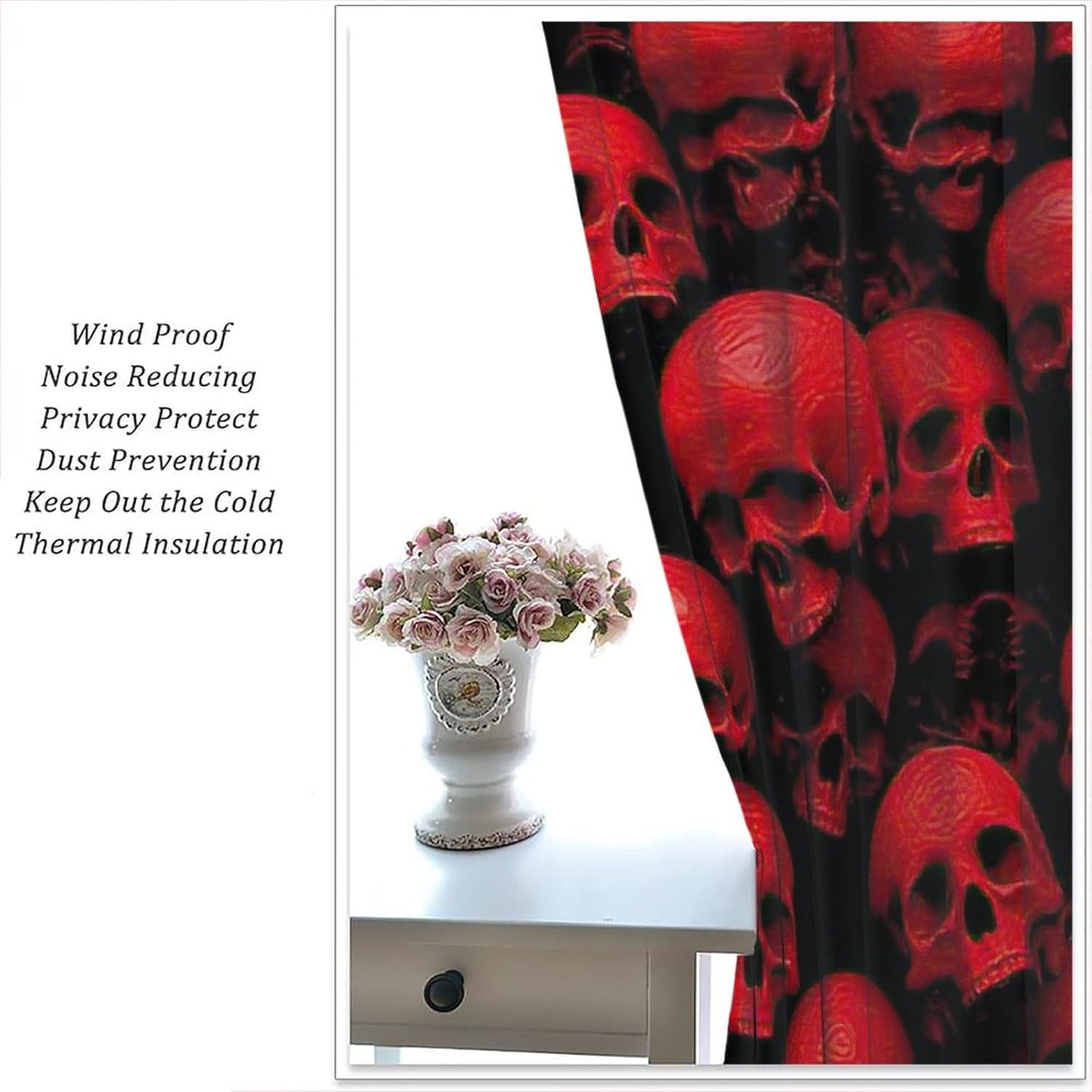 Gothic Horror Skeleton Blackout Window Curtains, Halloween Red Skull Pattern Rod Pocket Window Drapes, for Living Room Bedroom 42" W X 45" L