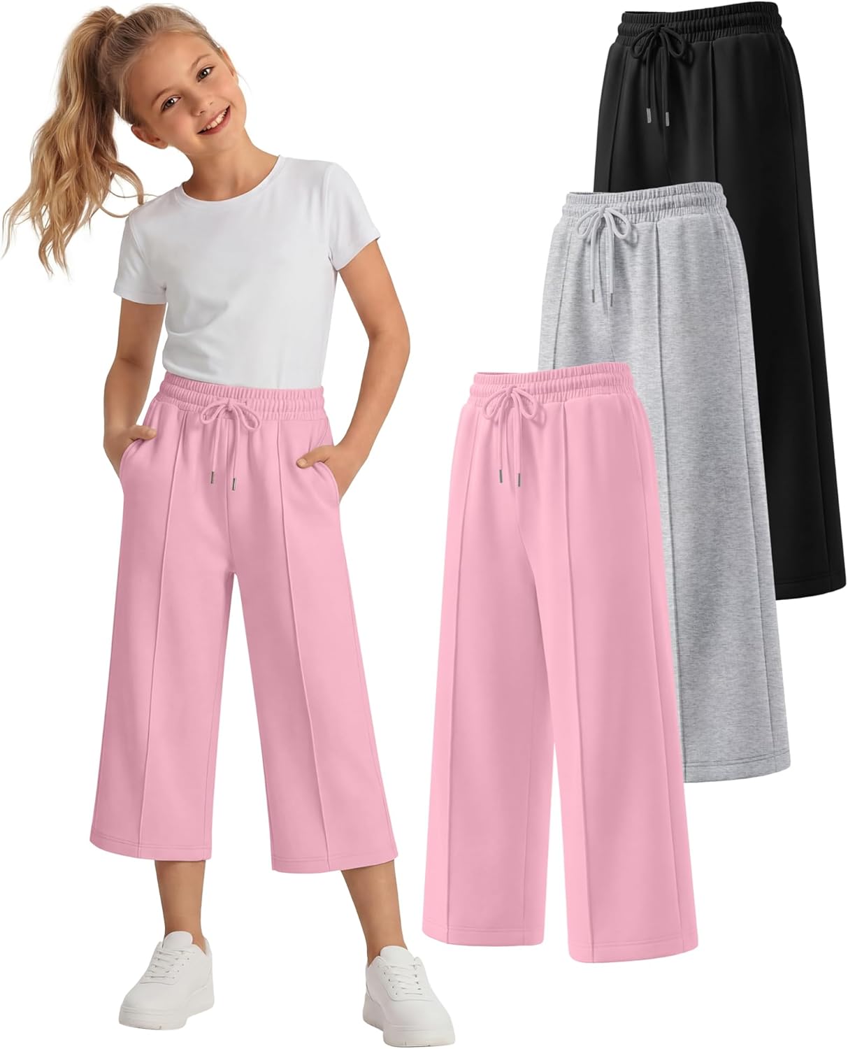 3 Pack Wide Leg Capri Pants Elastic Waist Drawstring Capris with Side Pockets Casual Trousers 5-14 Years
