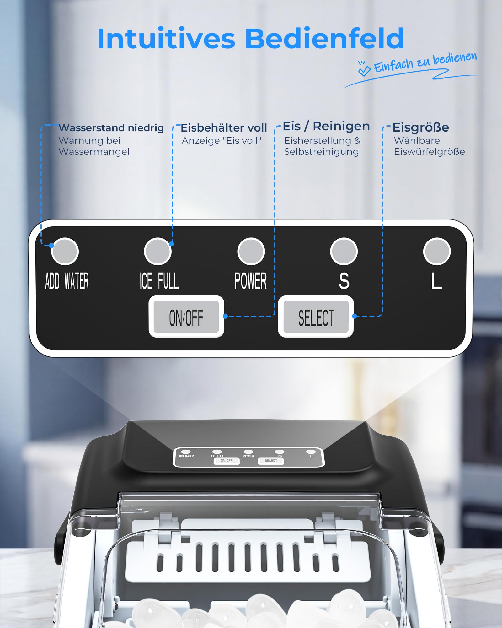 WELLENT Eiswürfelmaschine Klein – Ice Maker mit Selbstreinigung & 2 Größen, 8 Würfel in 6 Min (12kg/24h) – Tragbarer Tisch-Ice Maker für Küche, Büro, RV, Bar, Camping & Fußballabend