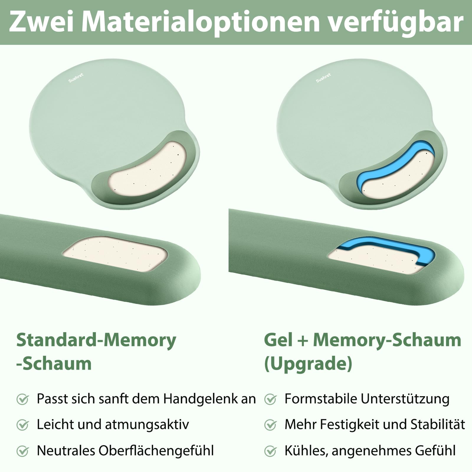 Sushret Mauspad & Tastatur Handballenauflage, 3-in-1 Ergonomisches Gel Memory Foam Handballenauflage mit Handgelenkstütze, Gaming Mauspad Armauflage für Computer Büro Schreibtisch Zubehör, Grün