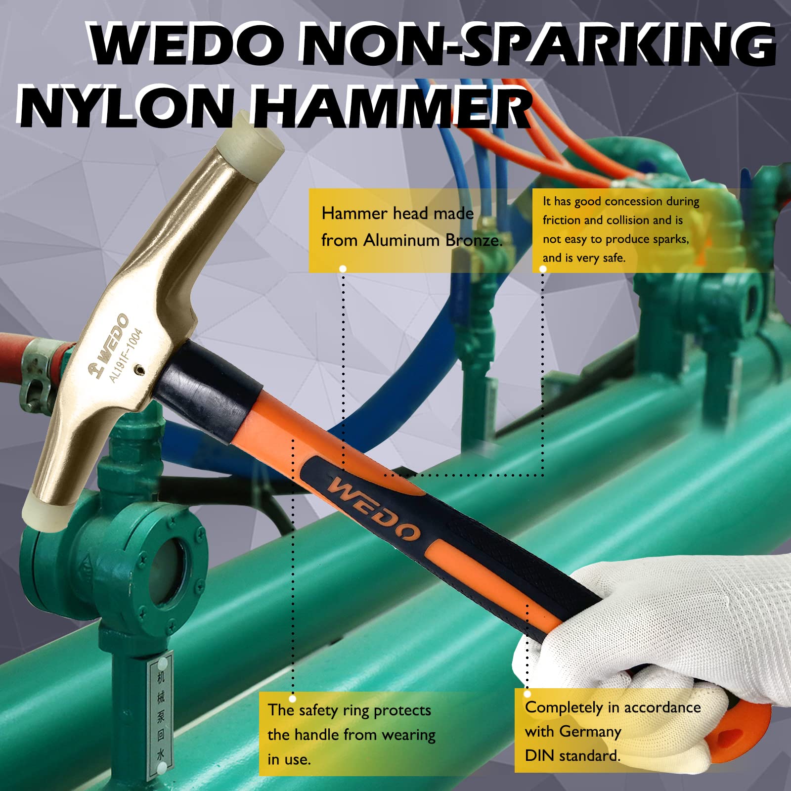 WEDO Martillo de Nylon con Mango de Madera,Sin Chispas,Bronce de Aluminio,Cabeza 420 g,Martillo de Tapicería,280 mm,Mango de Fibra Vidrio,Certificación BAM