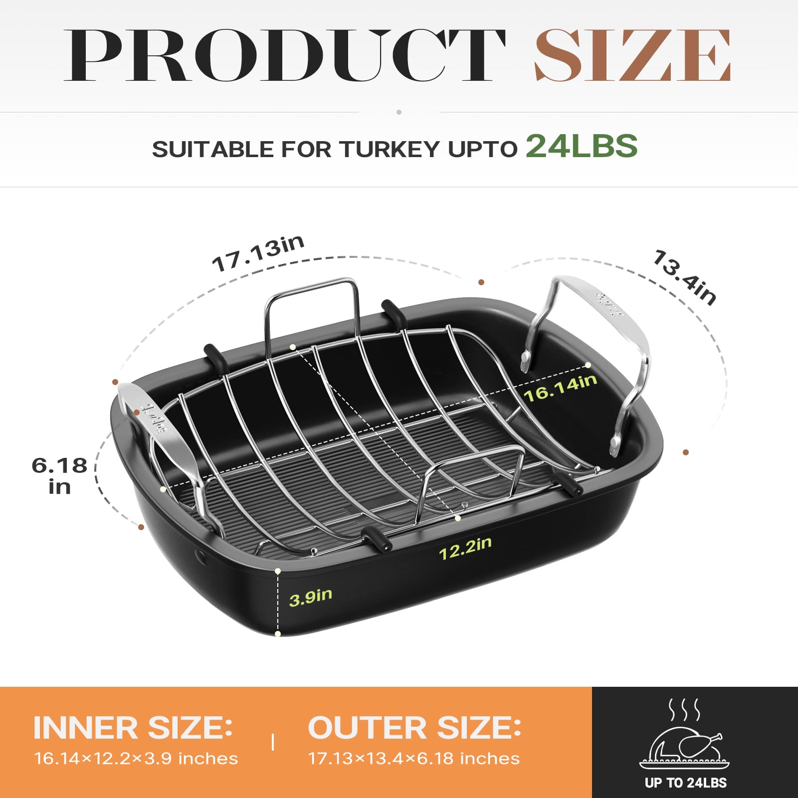 Asador de 17 x 13 pulgadas con estante extraíble, sartén antiadherente para asar pavo, carne y verduras (plateado) 3