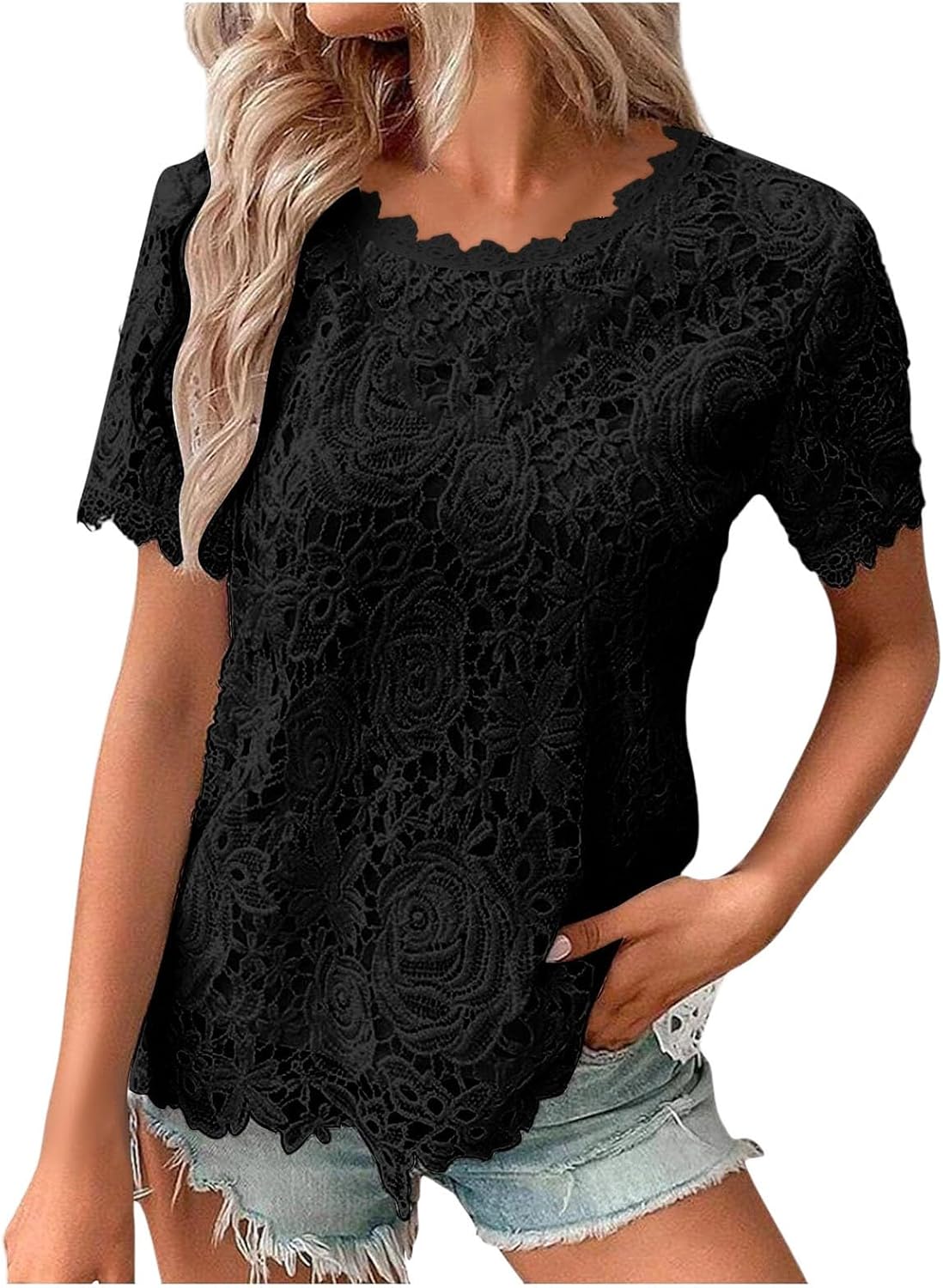 TUUHAW Camicia Donna Estiva Scollo Rotondo Casual T-Shirt con Volant Manica Lunga Boho Top Allentate Maglietta Elegante Blusa Pizzo Vintage Camicetta