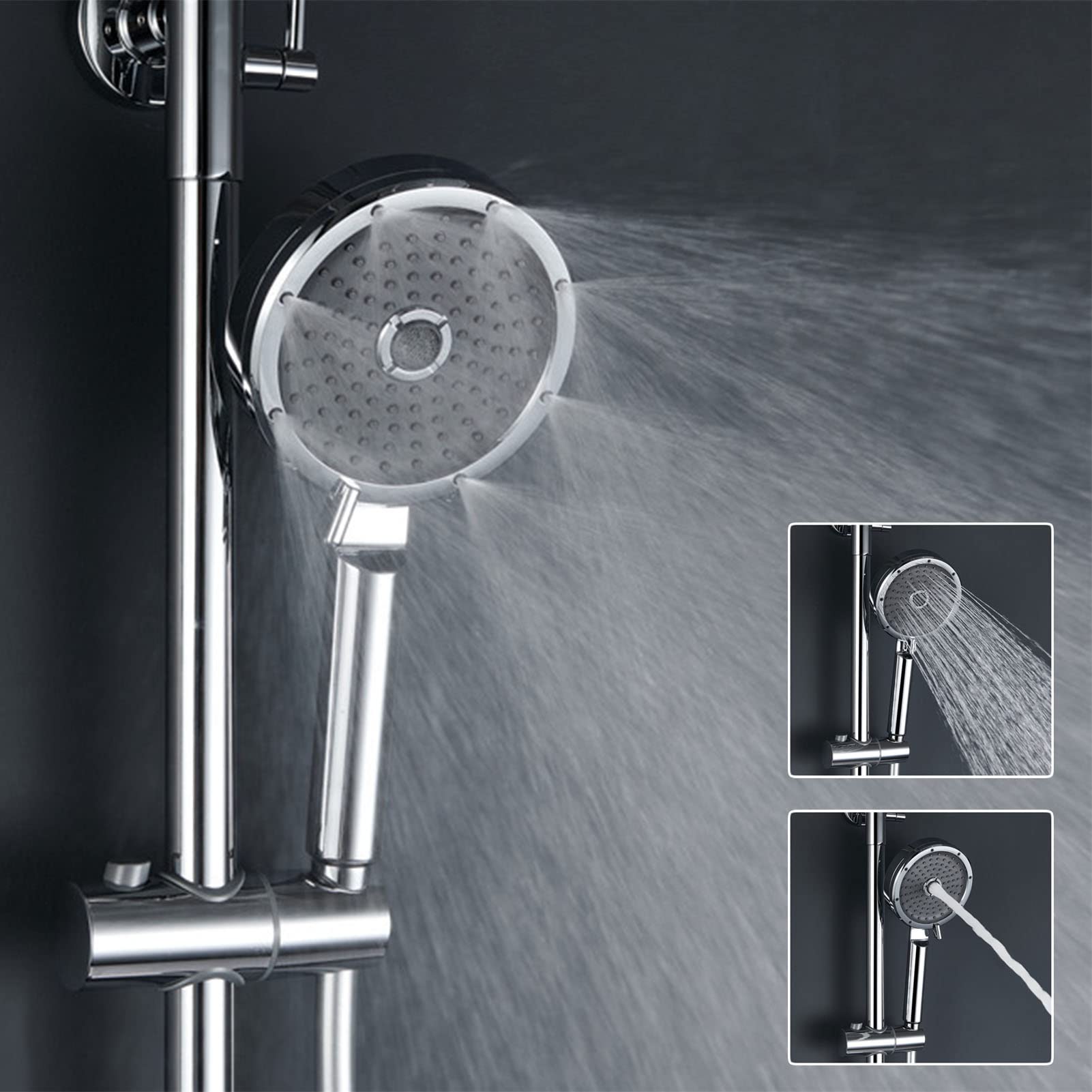 Set Rubinetto Doccia termostatico Cromato, Moderno Sistema a 4 funzioni, soffione a Pioggia con doccetta, Bocca per Vasca, doccetta per Bidet, Montaggio a Parete