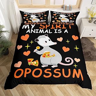 Pizza Candy Dessert Decorations,Cartoon Animal Theme Print King Size Duvet Cover for Teens Adults,Cute Opossum Bedroom Decor Soft Comforter Cover with Zipper Closure