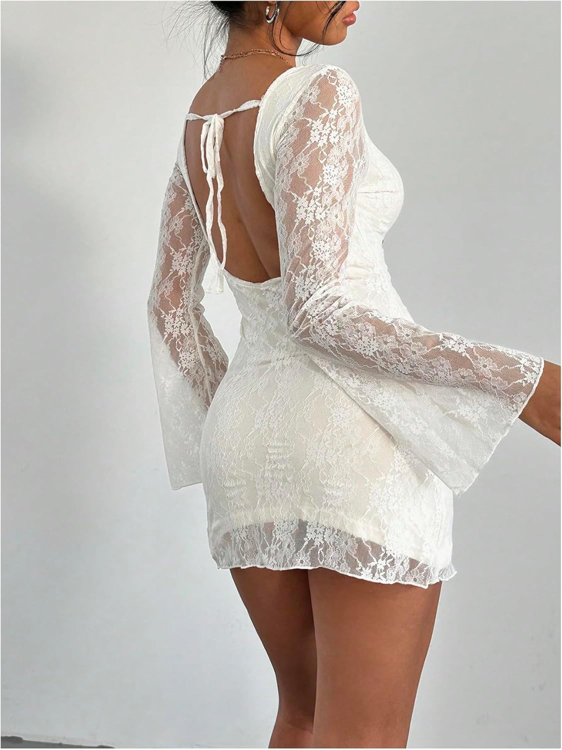 SOLY HUX Women's Lace Mini Dress Tie Backless Bell Long Sleeve Crew Neck Bodycon Dresses - Image 3