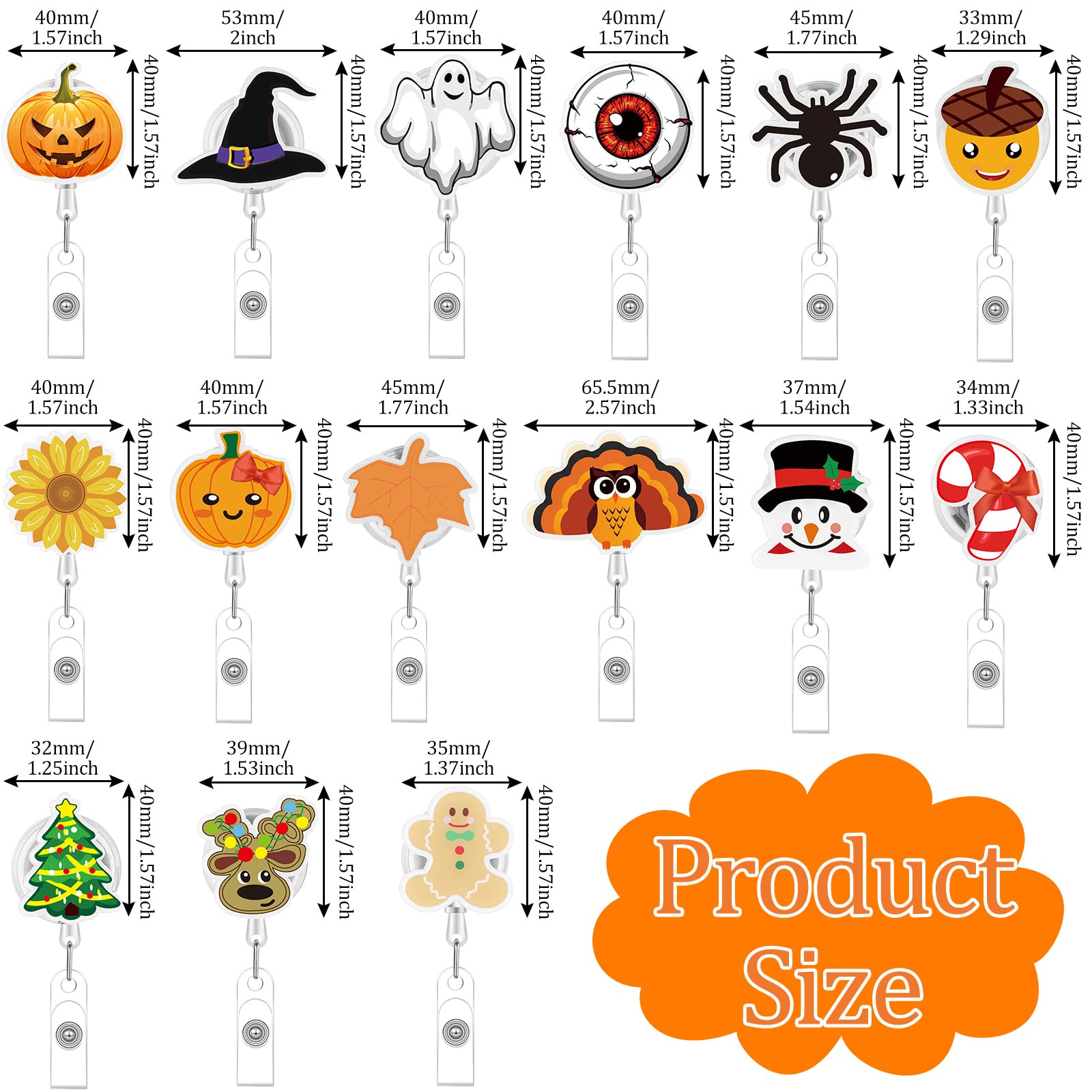 15 Pack Holiday Acrylic Badge Reels - Halloween Thanksgiving Christmas Nurse ID Holders With Retractable Clip - View #7